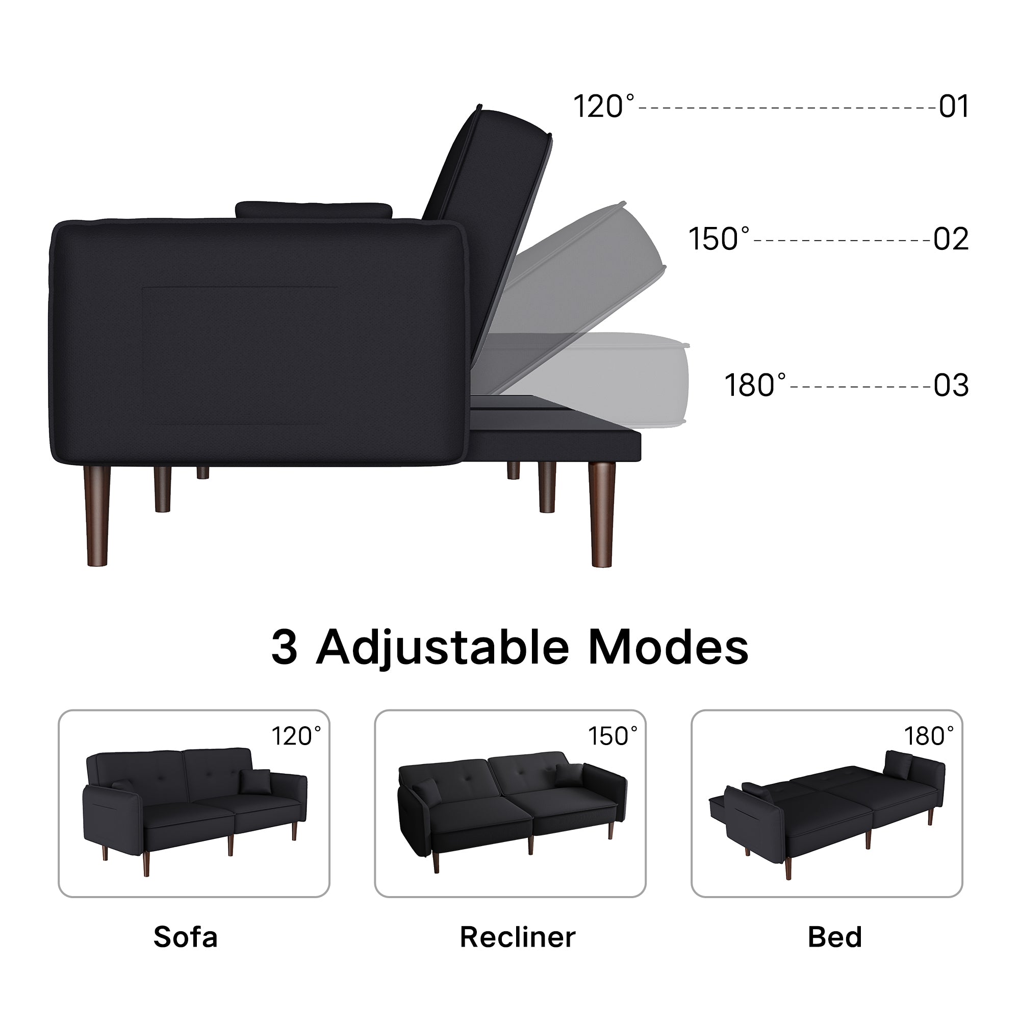 Sally Black Linen Futon Convertible Sofa bed