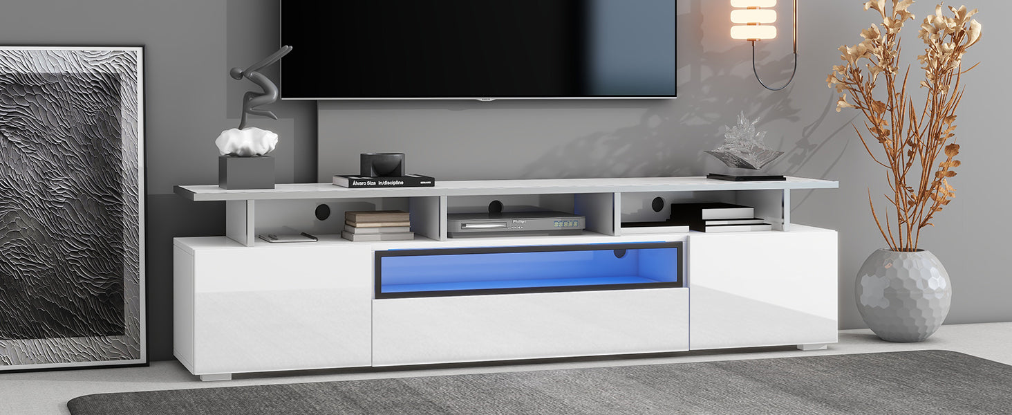 76.70" White Glossy Modern TV Stand with LED Light Fits TV up to 85"