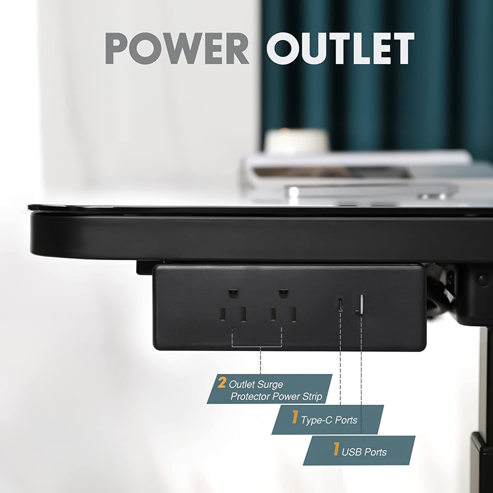 Kasway®Smart Electric Black Glass Top Standing Desk With Wireless Charge, Touch Control Panel,3 Adjustable Height, USB Charge Port And Outlet