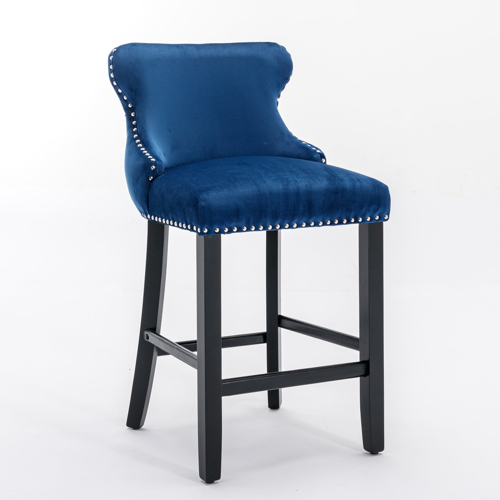 Set of 2 Blue Velvet Counter Stools With Tufted Back and Nailhead Trim