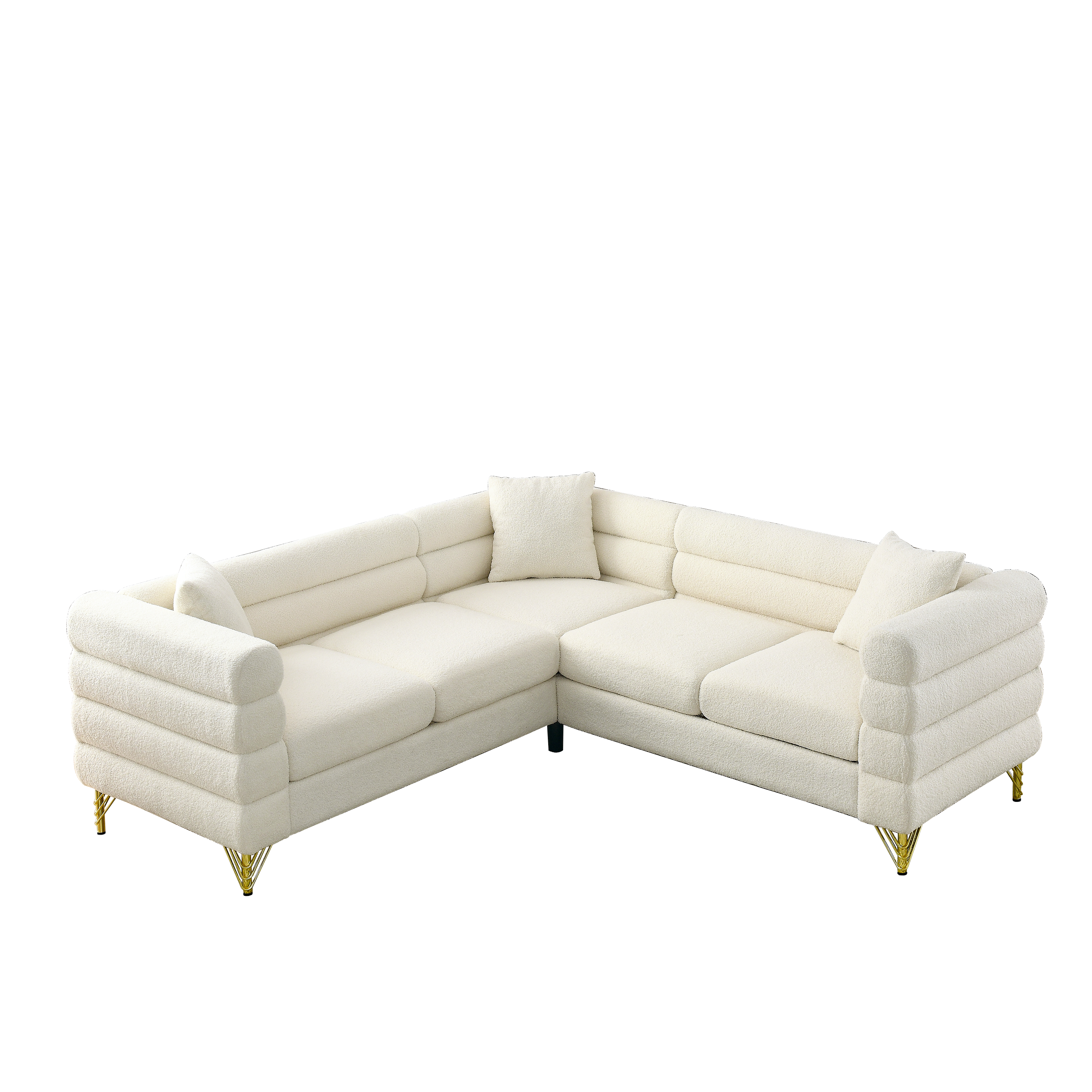 Lorenzi Beige Boucle Fabric Upholstered Sectional Sofa with Gold metal Legs