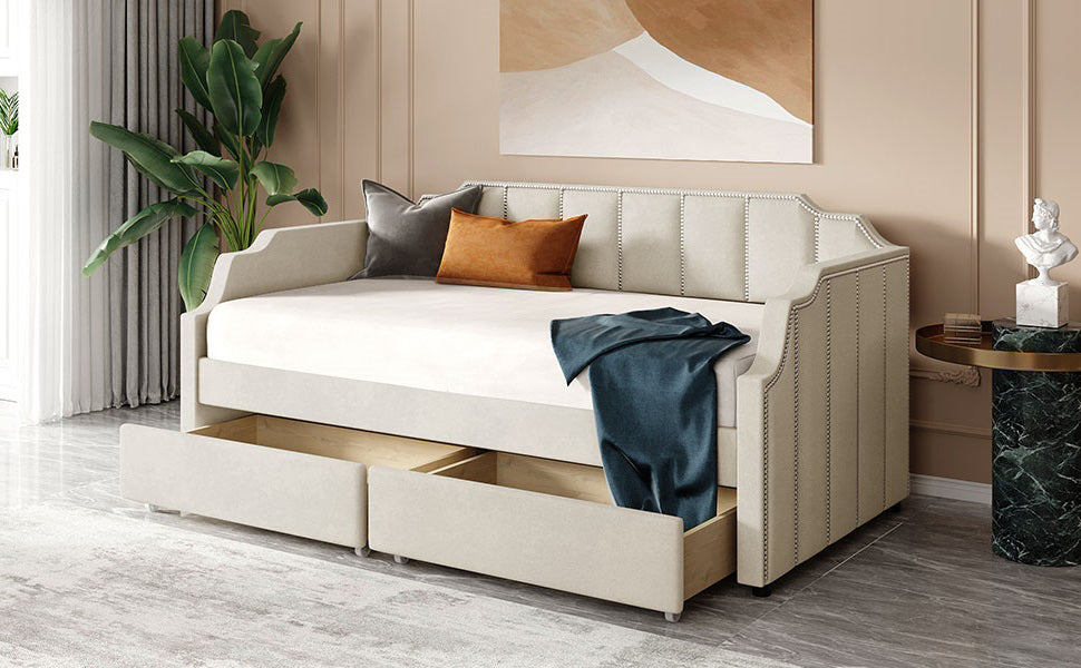 Ariel Beige Velvet Twin Daybed with Storage Drawers