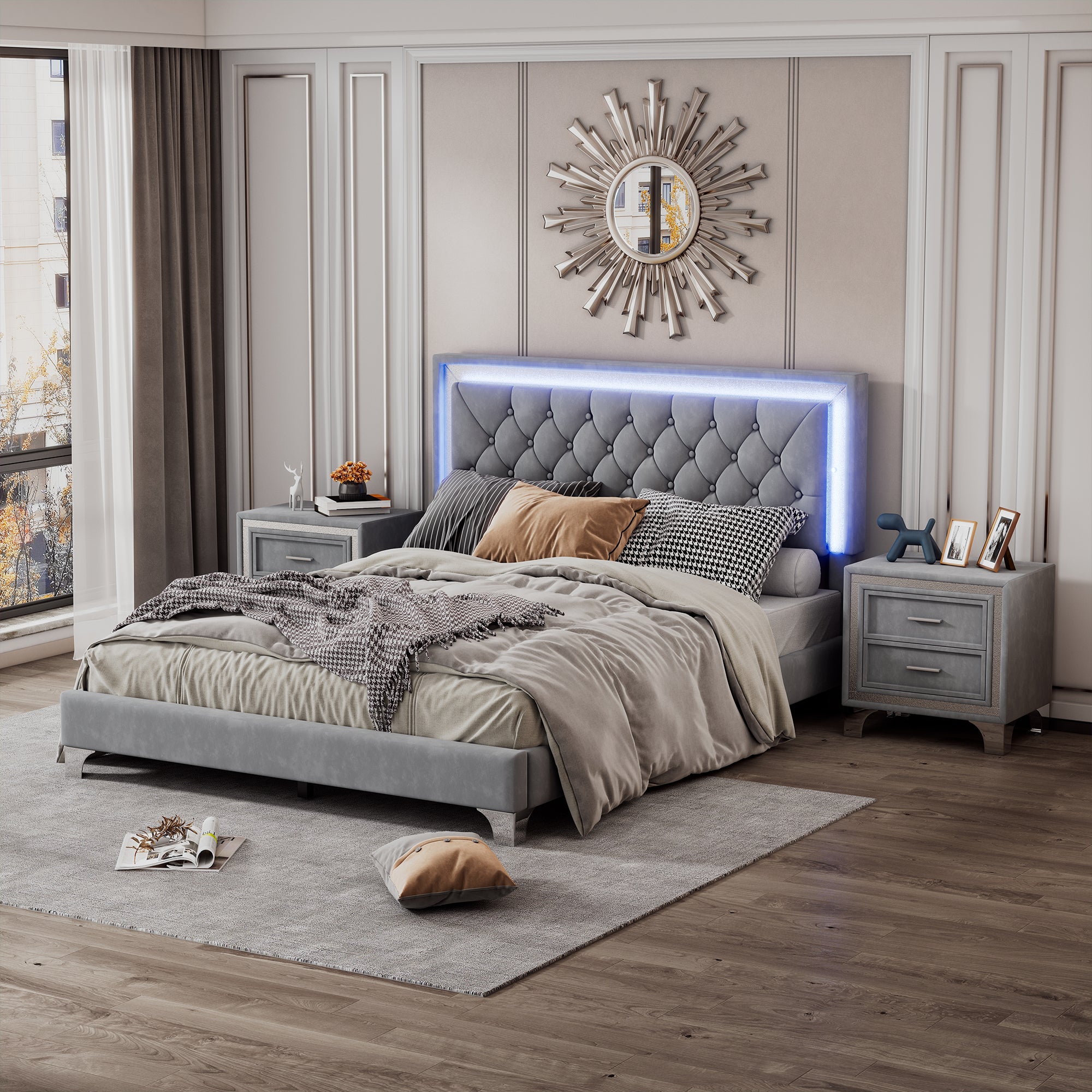 Tiffani 3 Piece Bedroom Set, Queen Size Velvet Upholstered Platform Bed with LED Lights and Two Nightstands