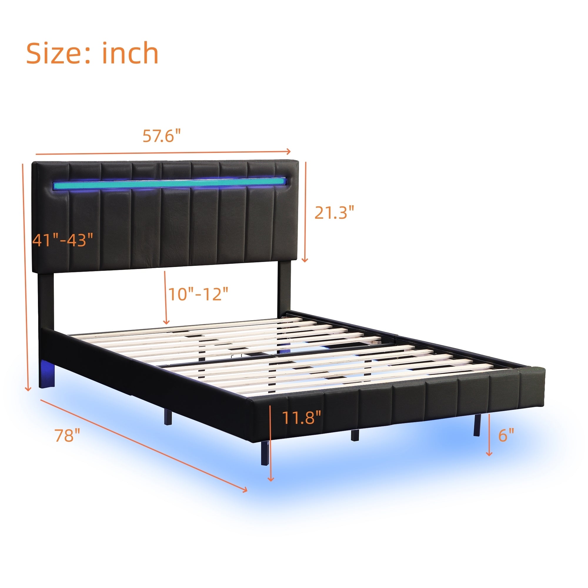 Lazio Full Size Faux Leather Floating Platform Bed with LED Lights and USB Charging