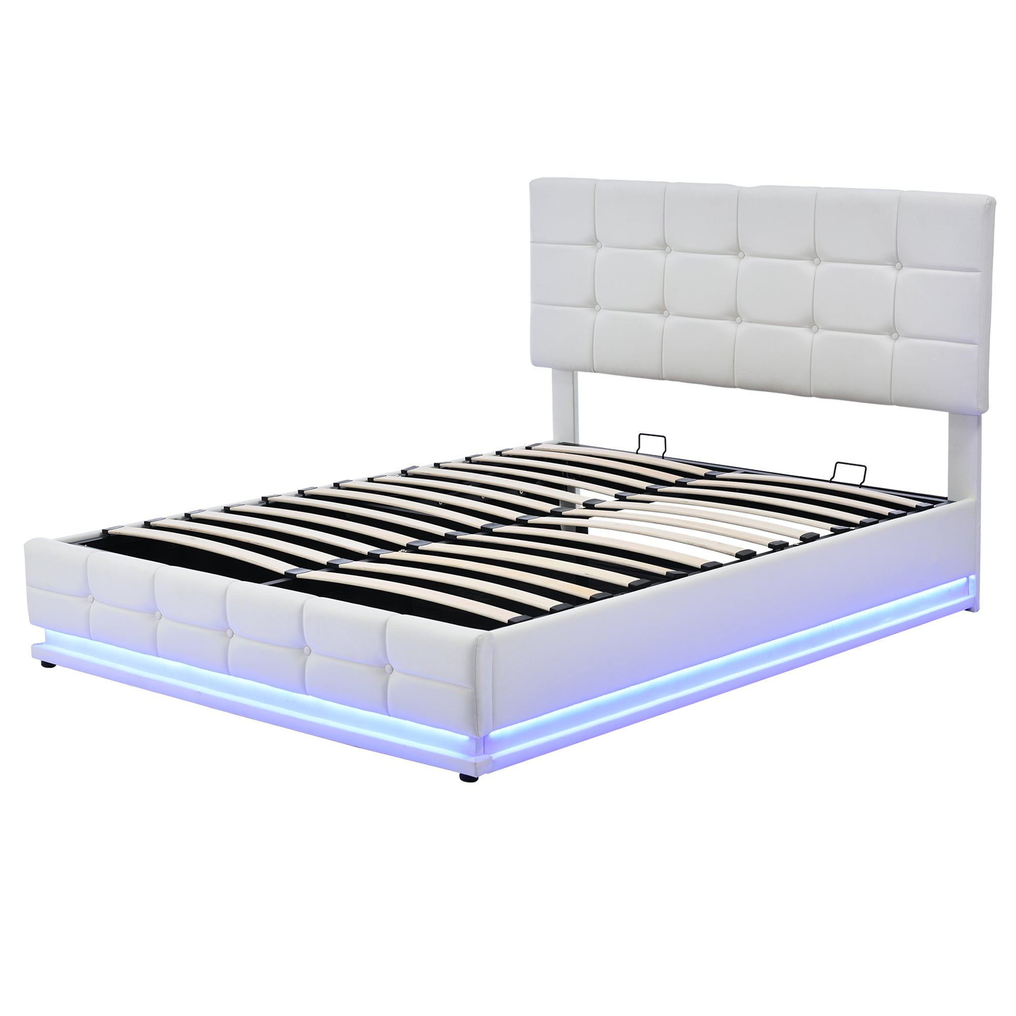 Kosmo White Queen Tufted Faux Leather Hydraulic Lift Platform Storage Bed With LED Light, USB Charger