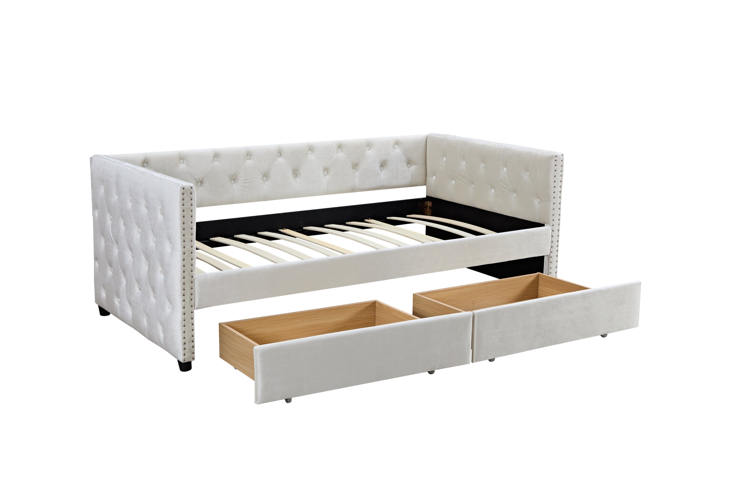 Tiana Beige Velvet Twin Daybed With Storage Drawers