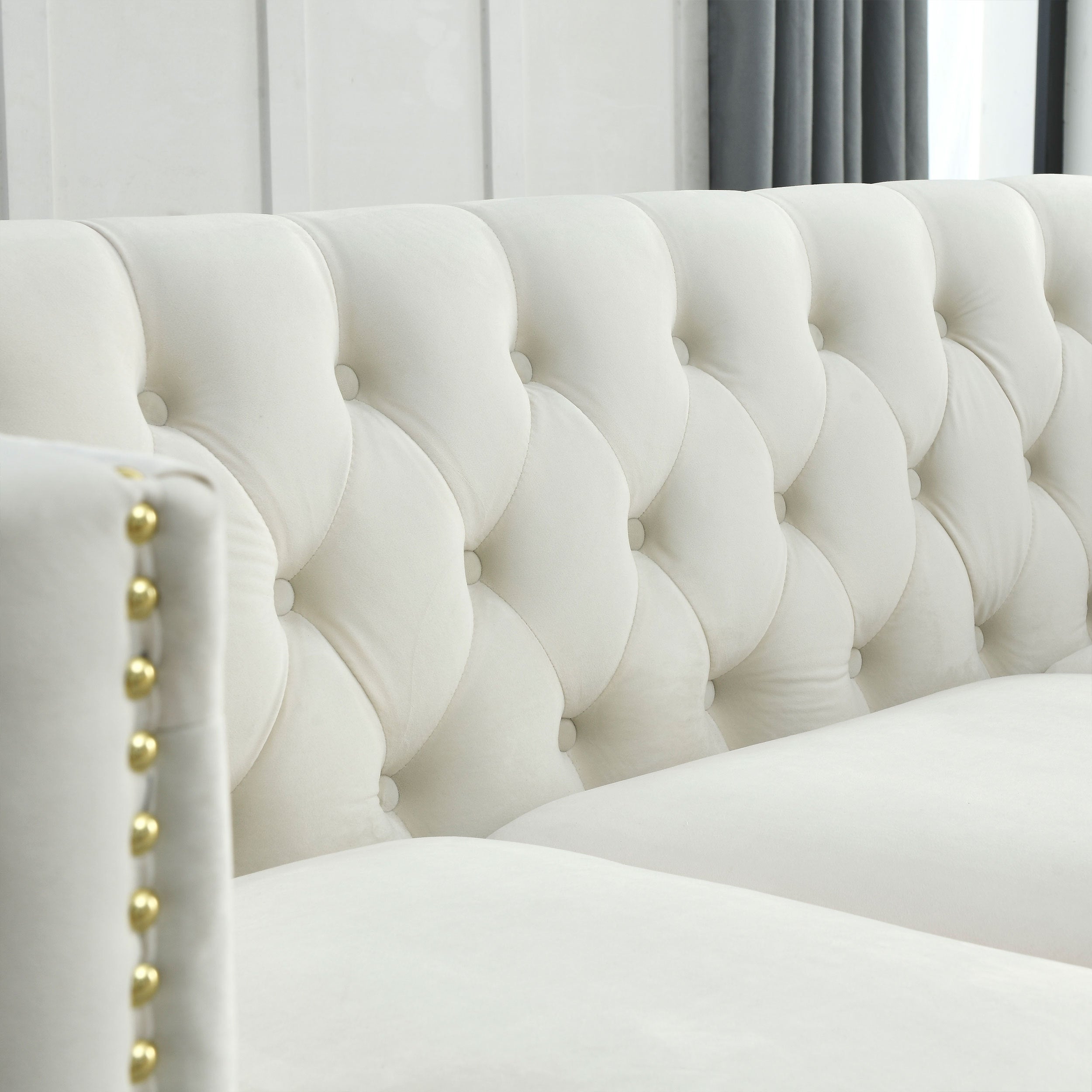 Gillian Modern Beige Velvet Tufted Chesterfield Sofa with Nailhead Trim and Gold Metal Legs