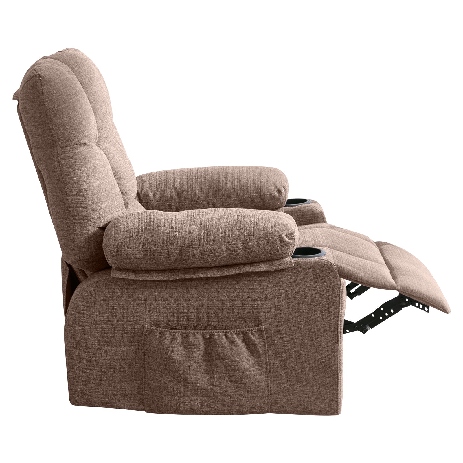 Neal Brown Fabric Recliner Chair With Cup Holders, Massage and Heat, USB and Side Pocket