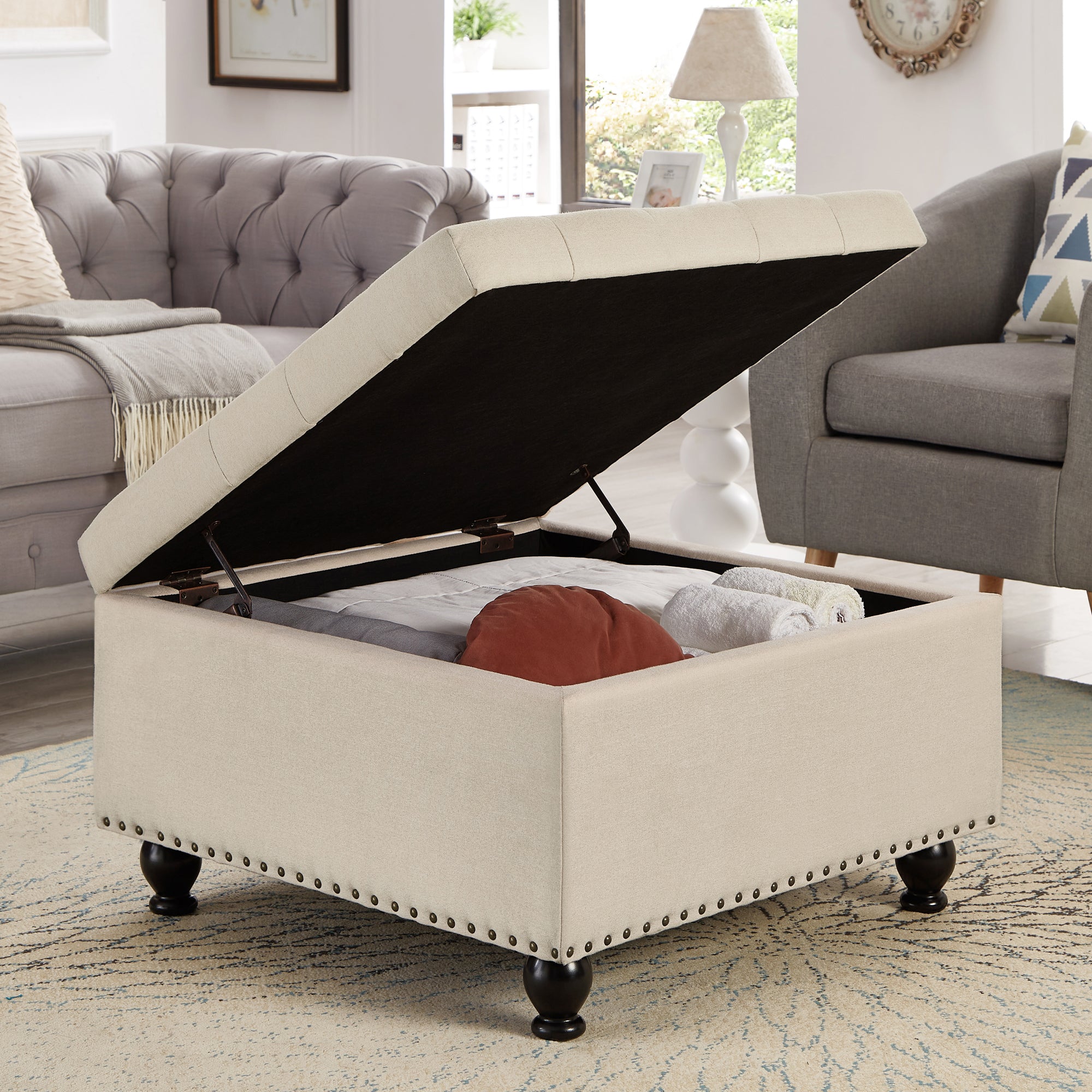 30" x 30" Large Square Storage Ottoman with Wooden Legs
