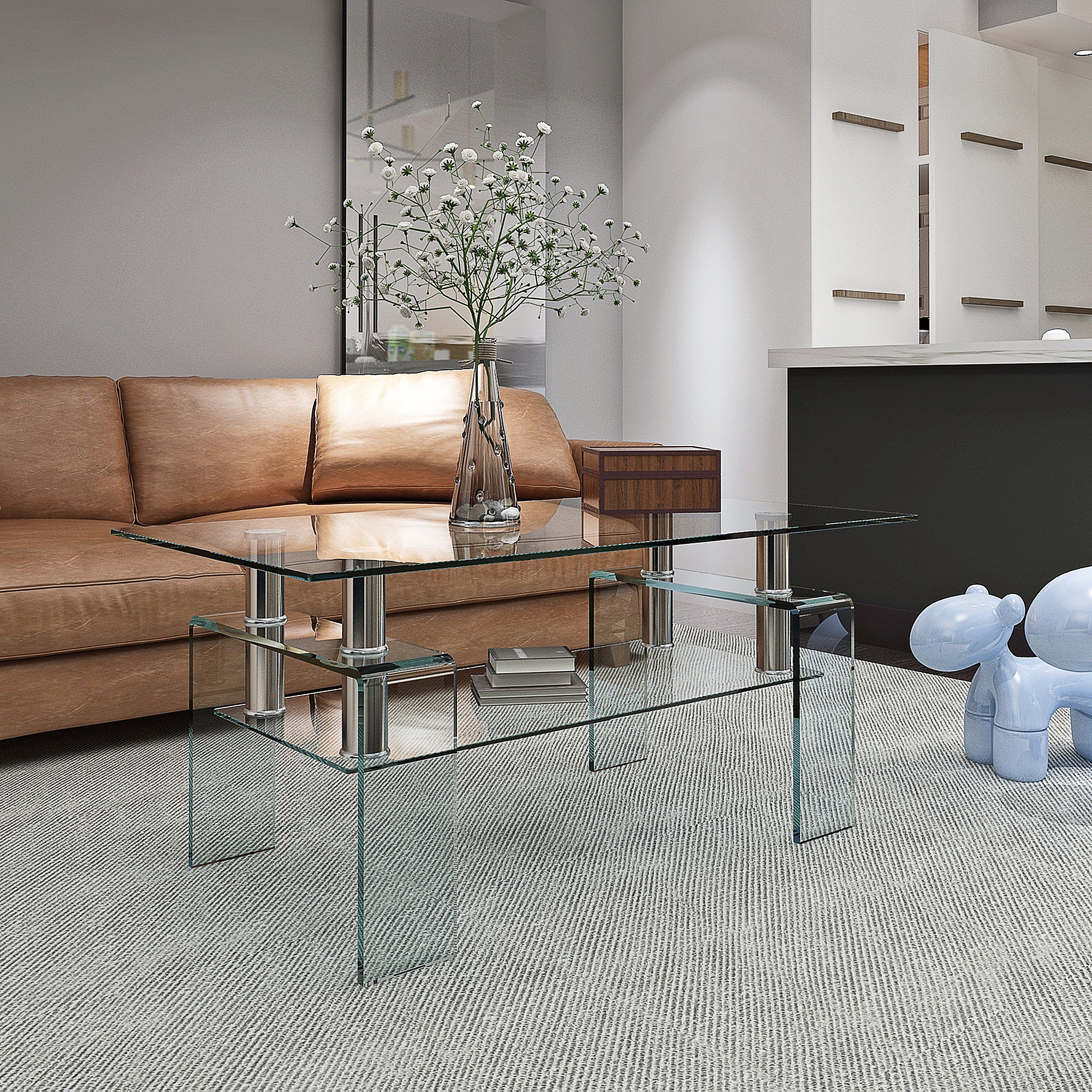  Modern Clear Tempered Glass Coffee Table with Bent Glass Legs