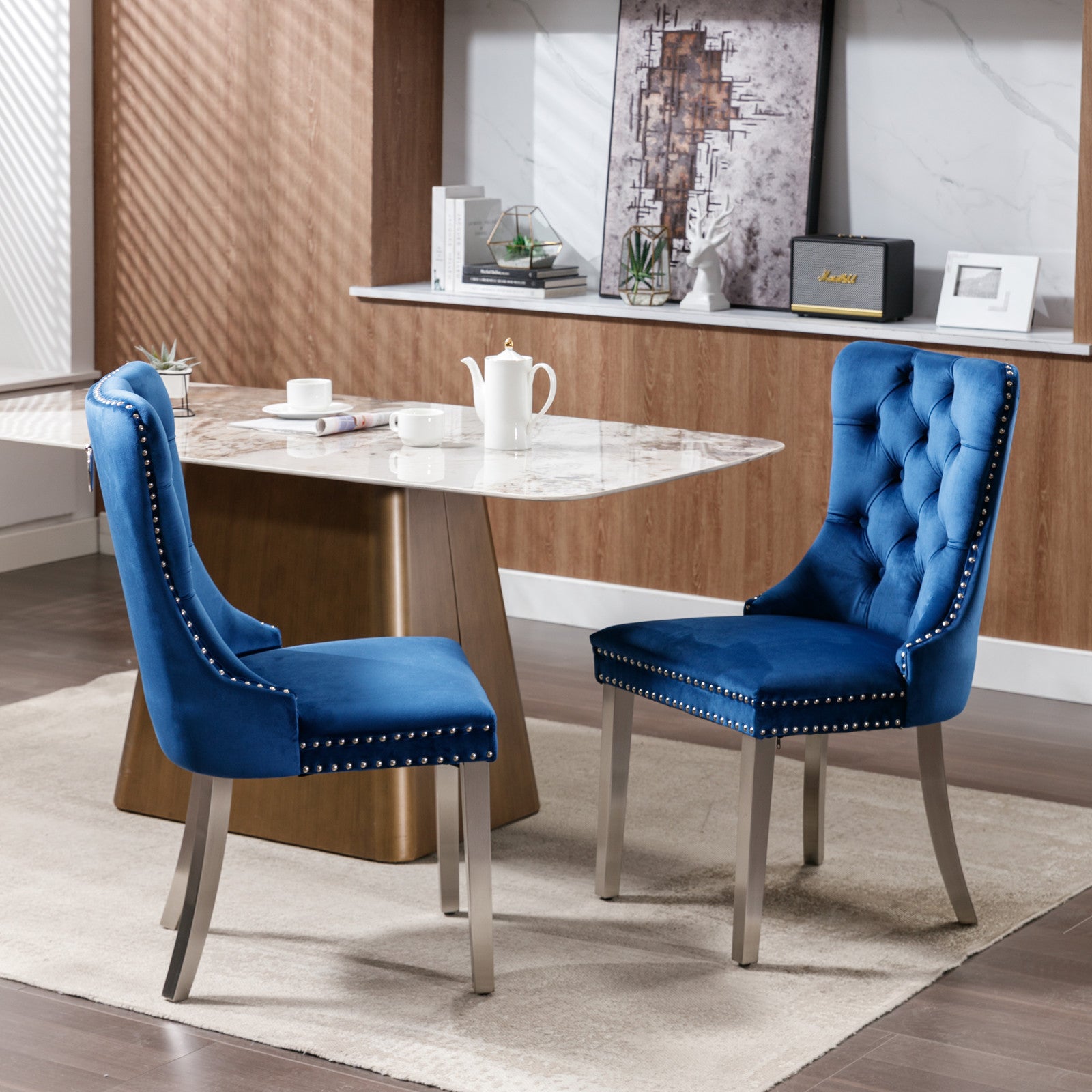 Chloe Set of 2 Blue Velvet Dining Chairs with Chrome Stainless Legs