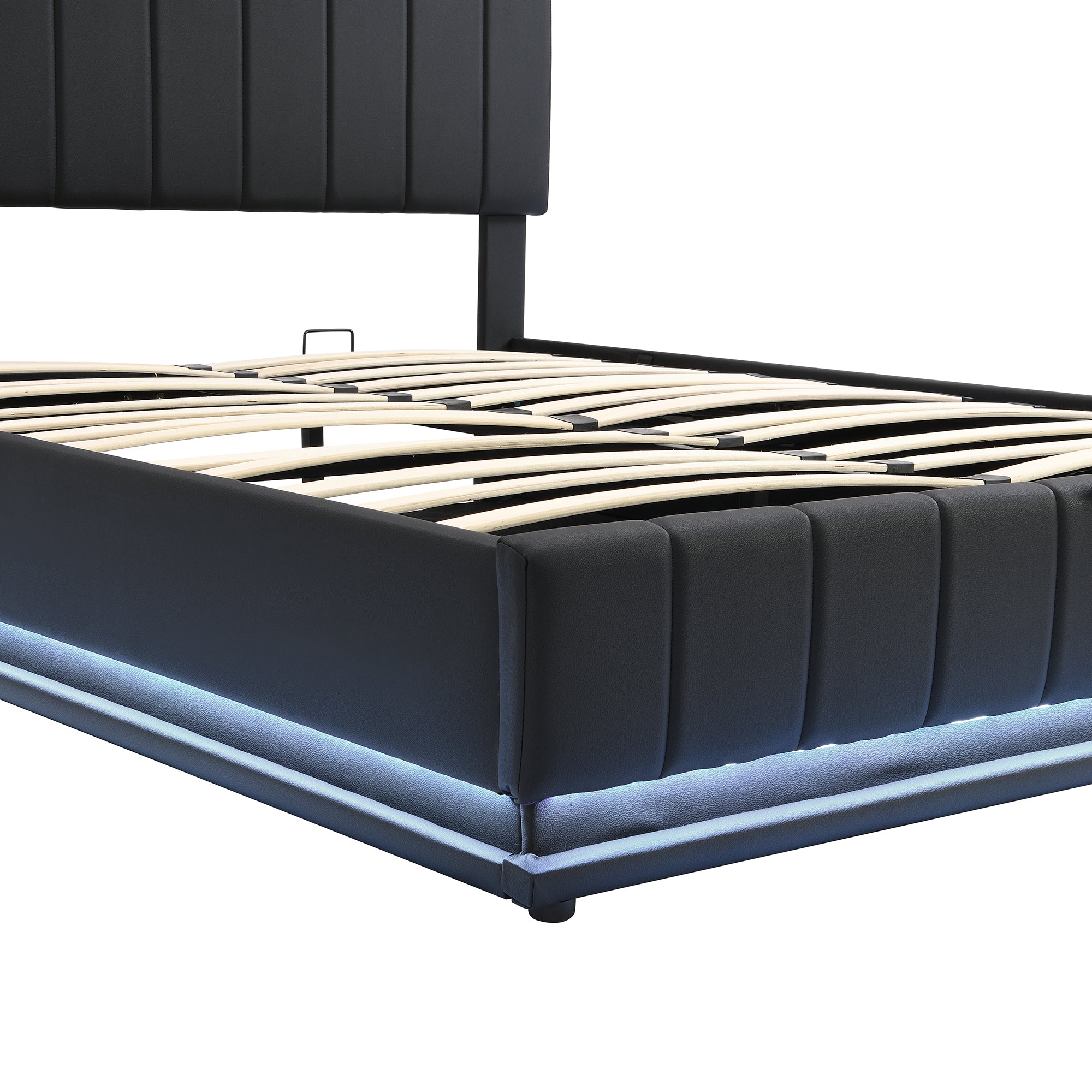 Skylar Black Faux Leather Queen Platform Bed with Hydraulic Storage System and LED Light, Modern Platform Bed with Sockets and USB Ports