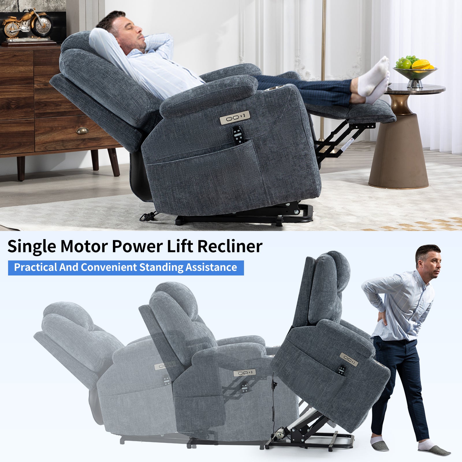 Oliver Chenille Power Lift Recliner With Massage and Heating, USB Charge Port and Cup Holder