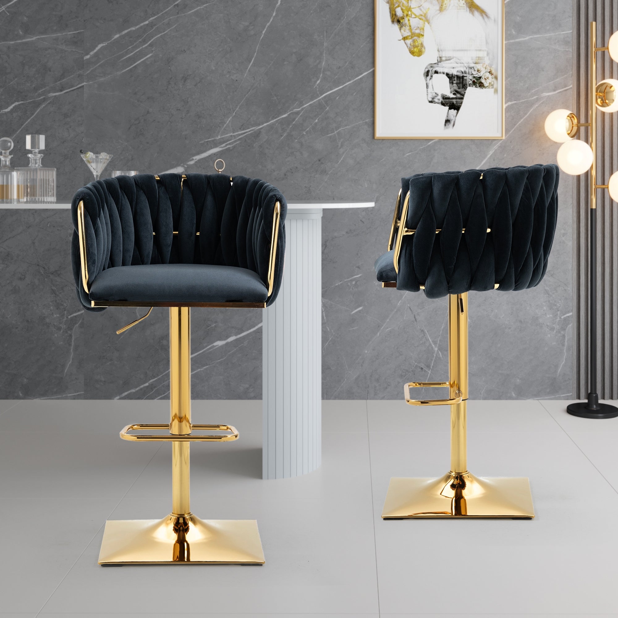 Set of 2 Luxury Velvet Modern Swivel Adjustable Height Barstools with Gold finish legs