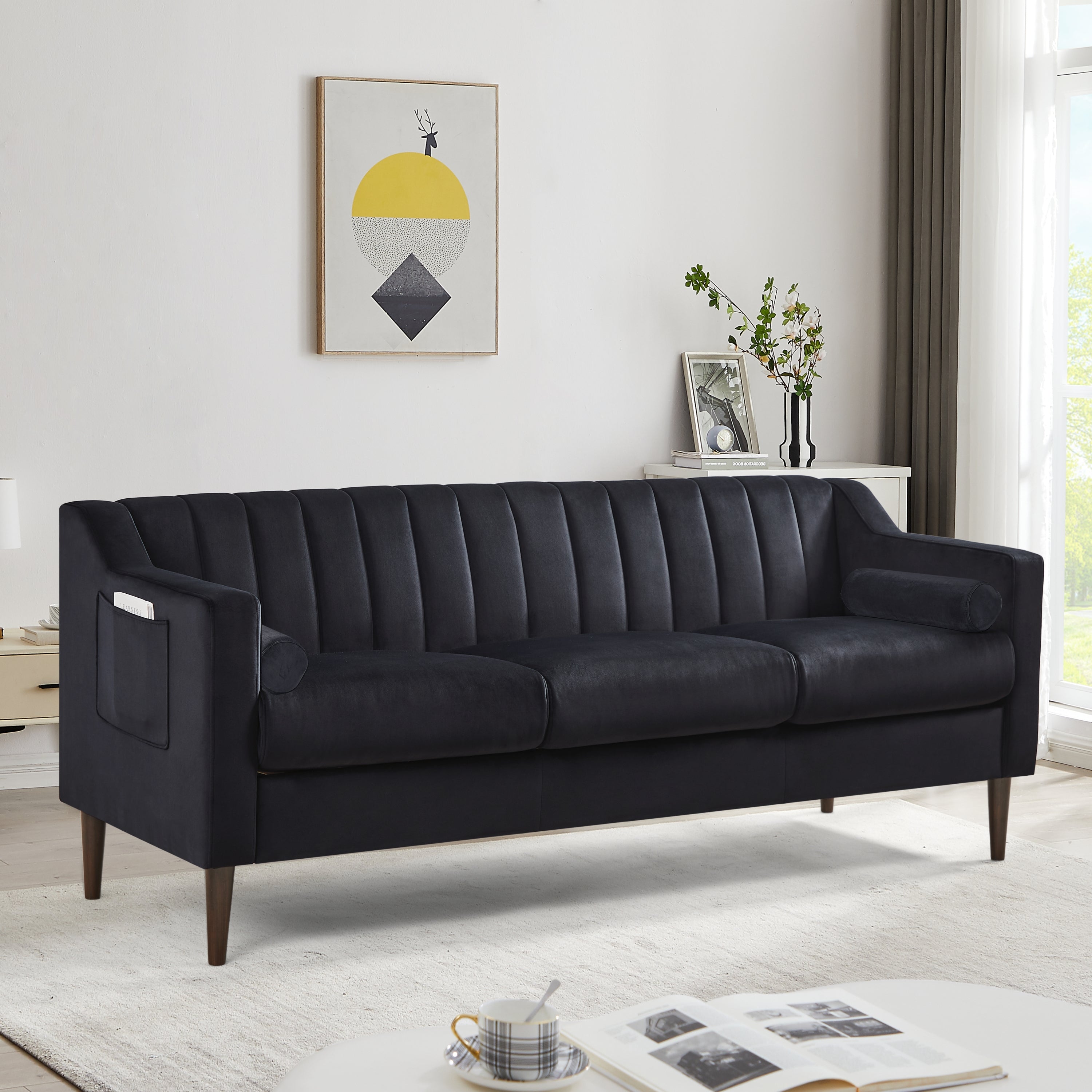77" Velvet Upholstered Modern Sofa with Channel Tufted Back