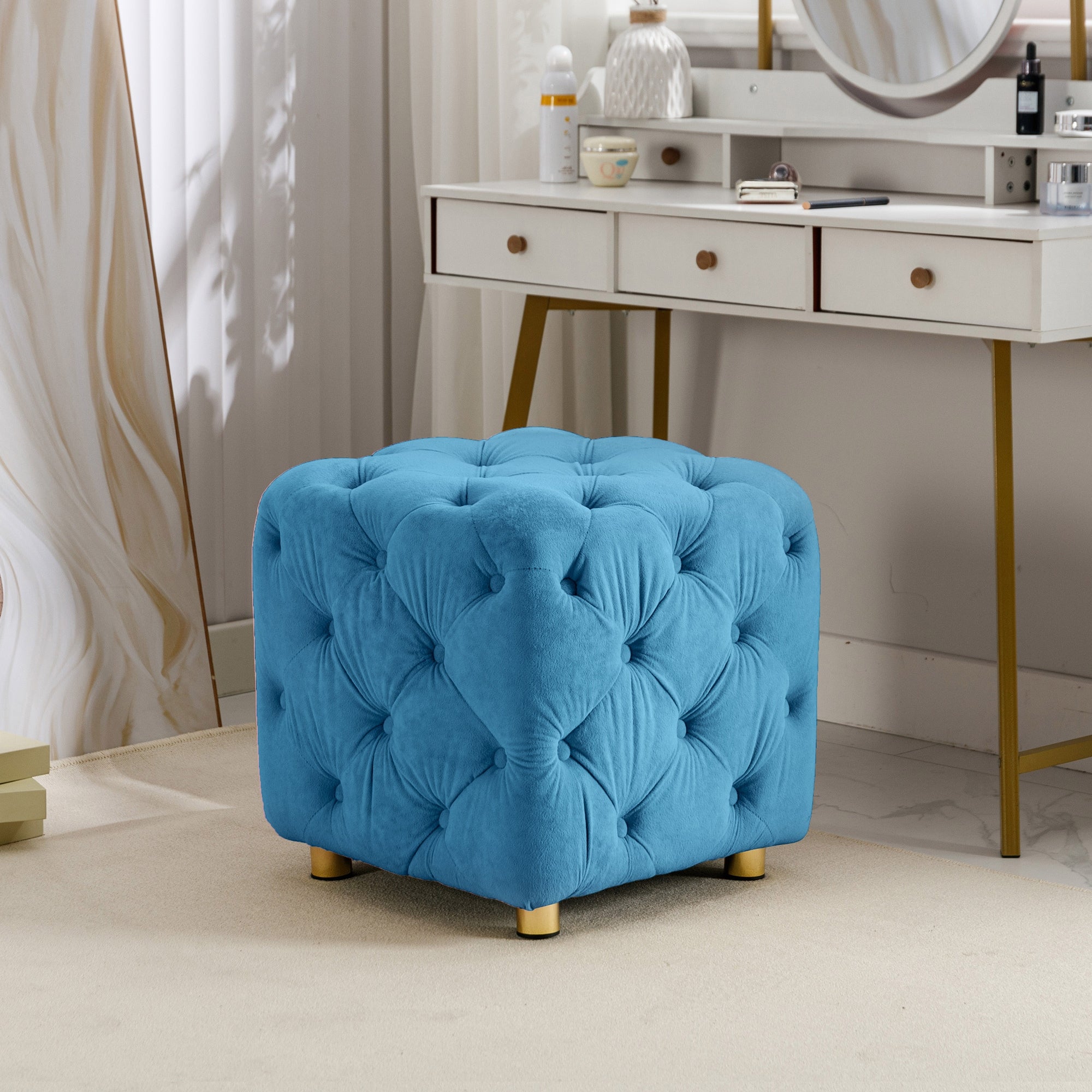 Modern Soft blue Velvet Tufted Seating Stool Ottoman