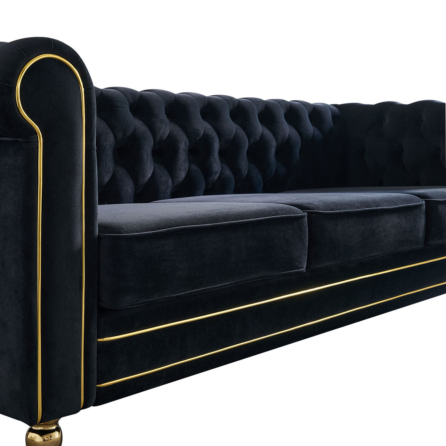 84" Black Velvet Chesterfield Sofa With Gold Trim and Metal legs