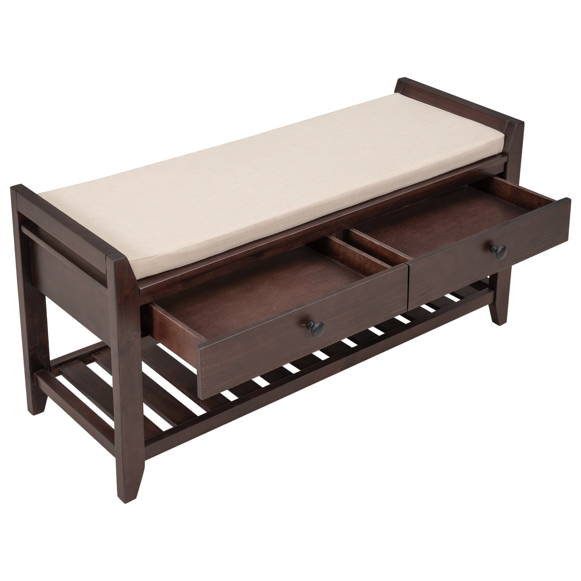 39" Espresso Storage Seating Bench With Drawers and Undershelf