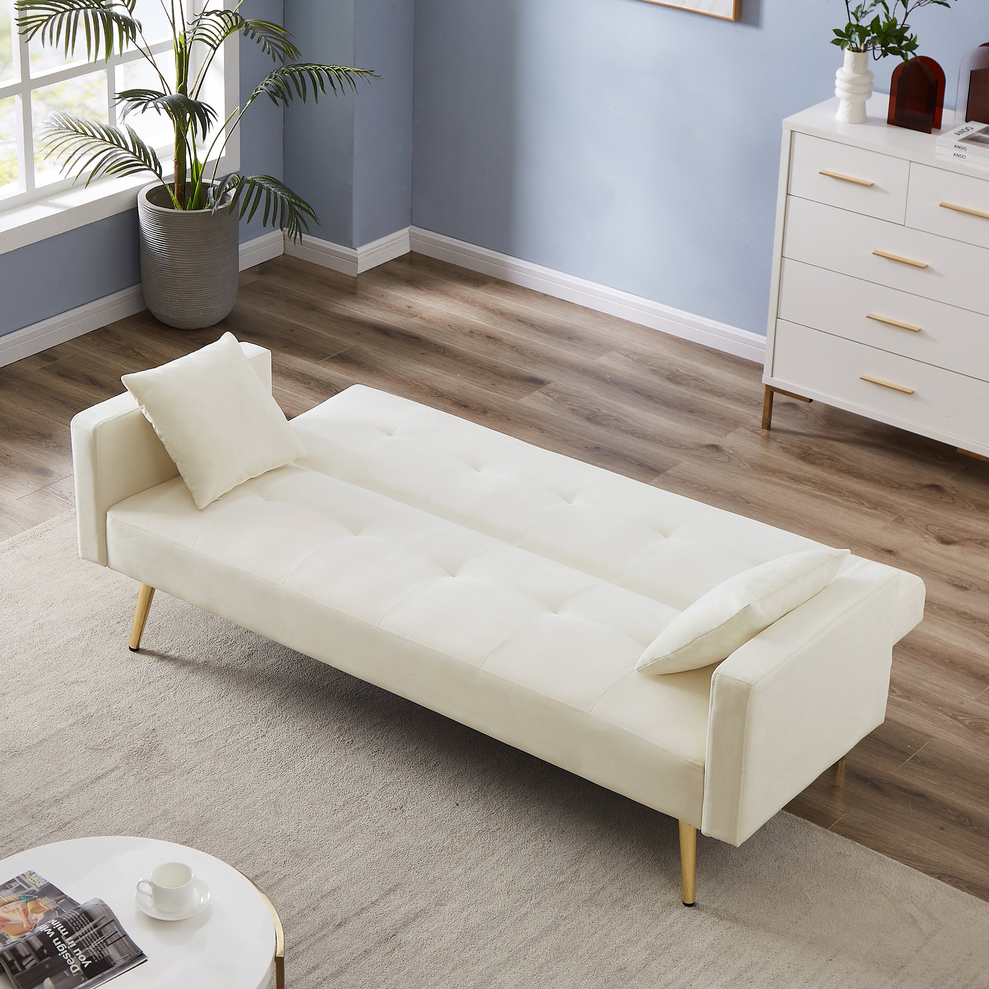 Cream White Velvet  Convertible Folding Futon Sofa Bed , Sleeper Sofa Couch for Compact Living Space.