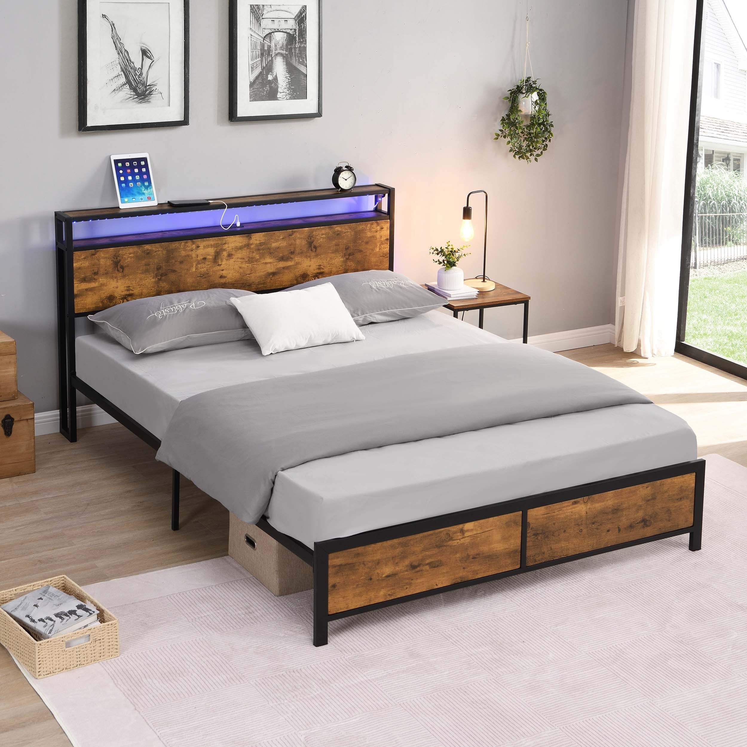 Jack Rustic Brown Full Platform Bed with LED light and USB Charge