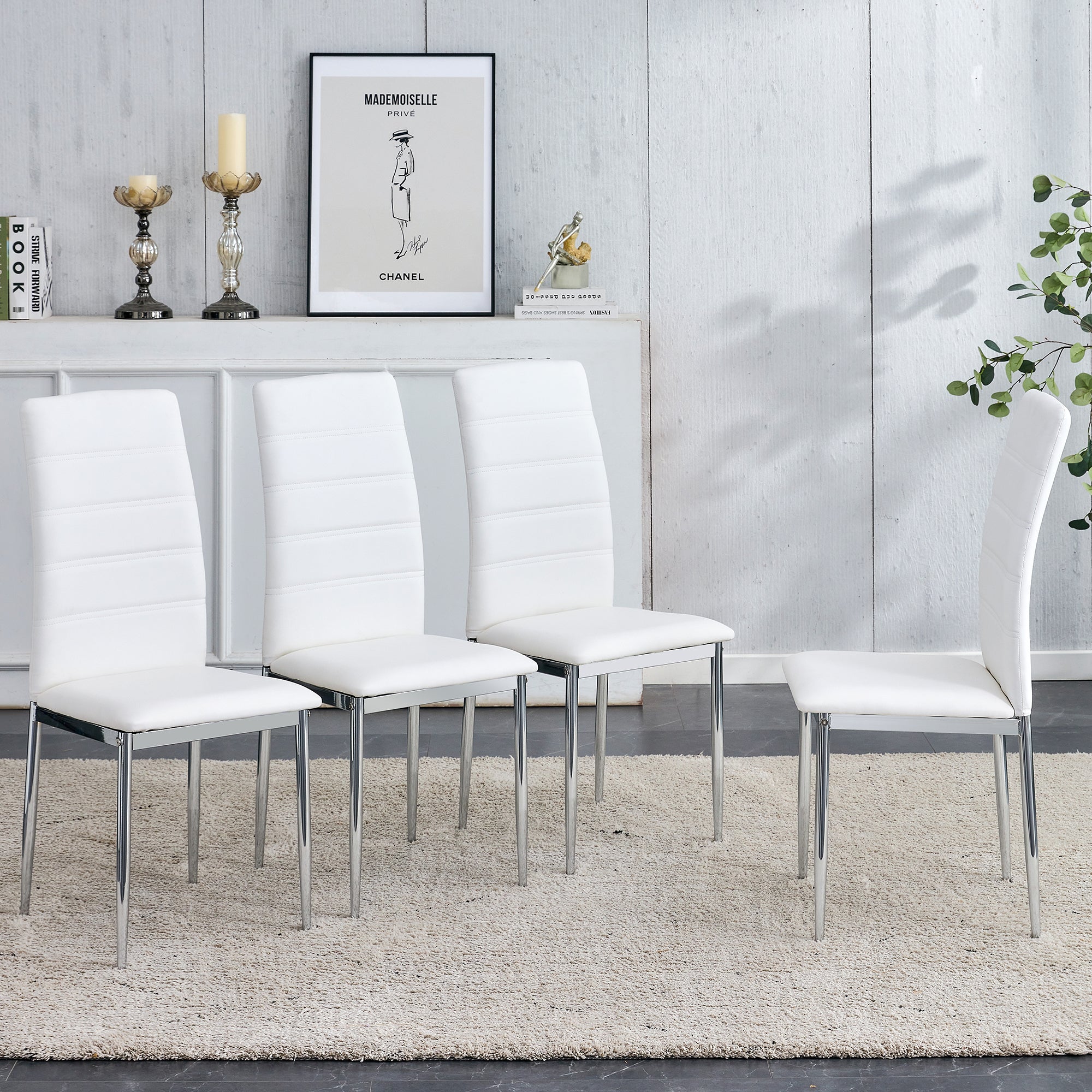 Set of 4 Pieces White Faux leather Dining Chair with Chromed Metal legs