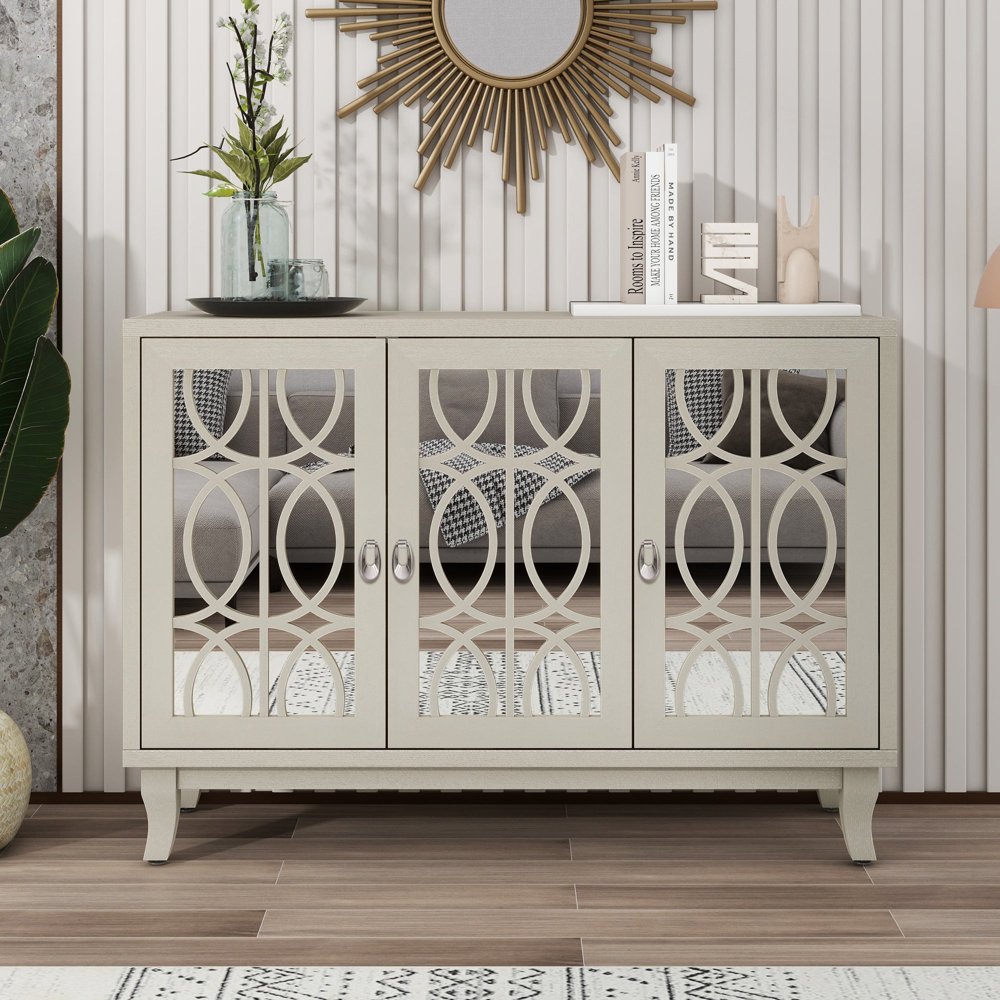 47" Accent Console Cabinet, Sideboard With mirrored Doors, champagne gold color
