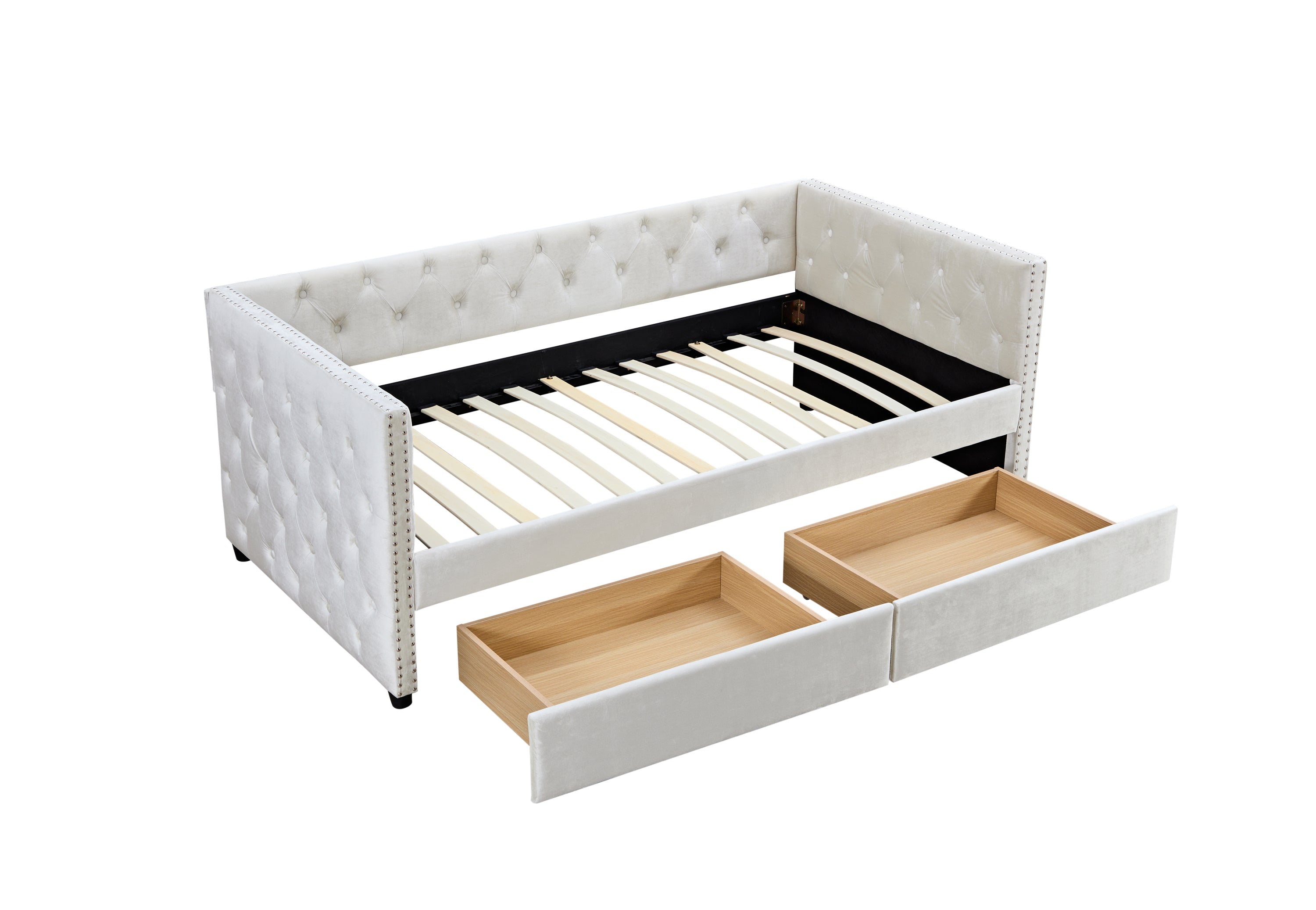 Tiana Beige Velvet Twin Daybed With Storage Drawers