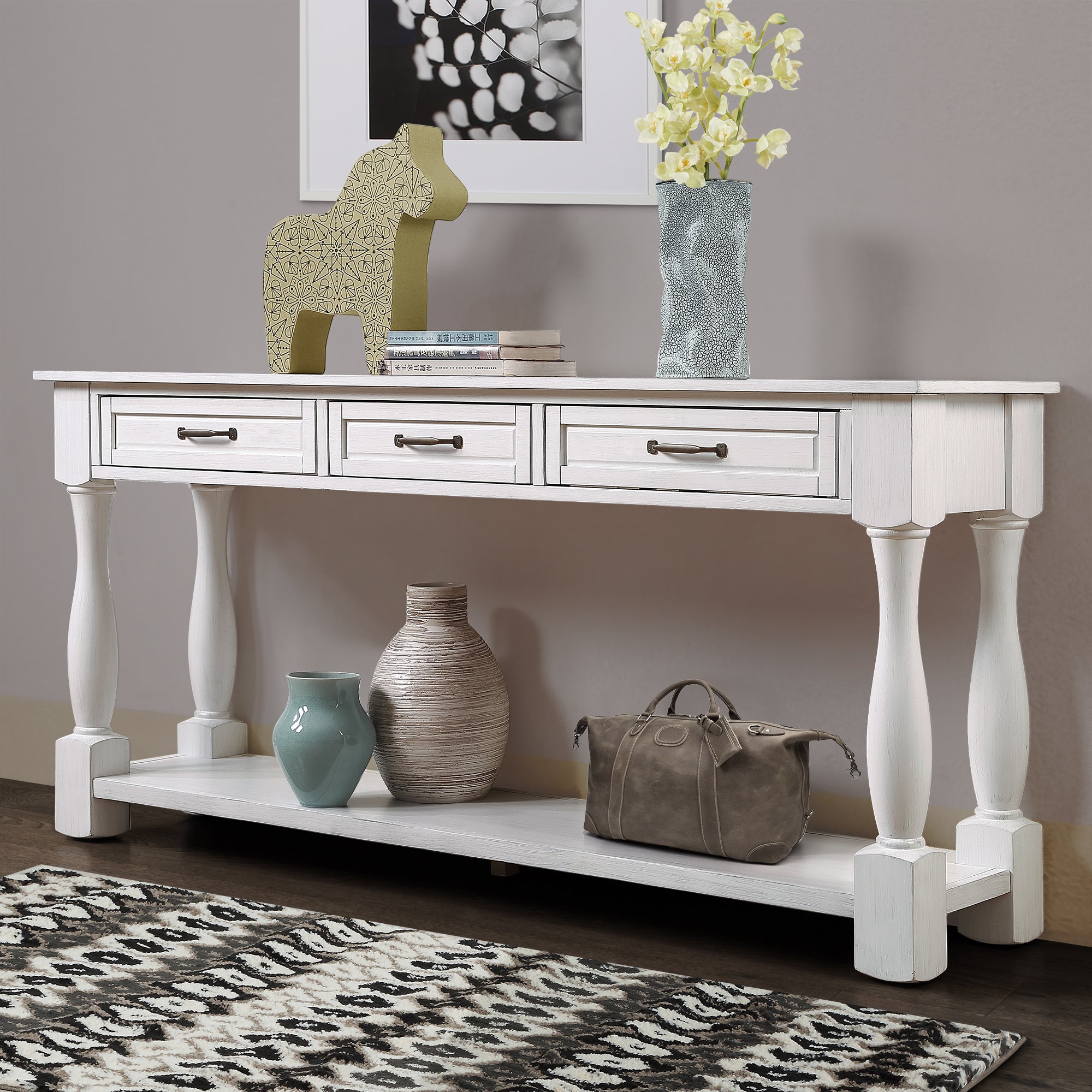 Anderson antique white 63" Wood Entryway Accent Console Table Storage Sideboard