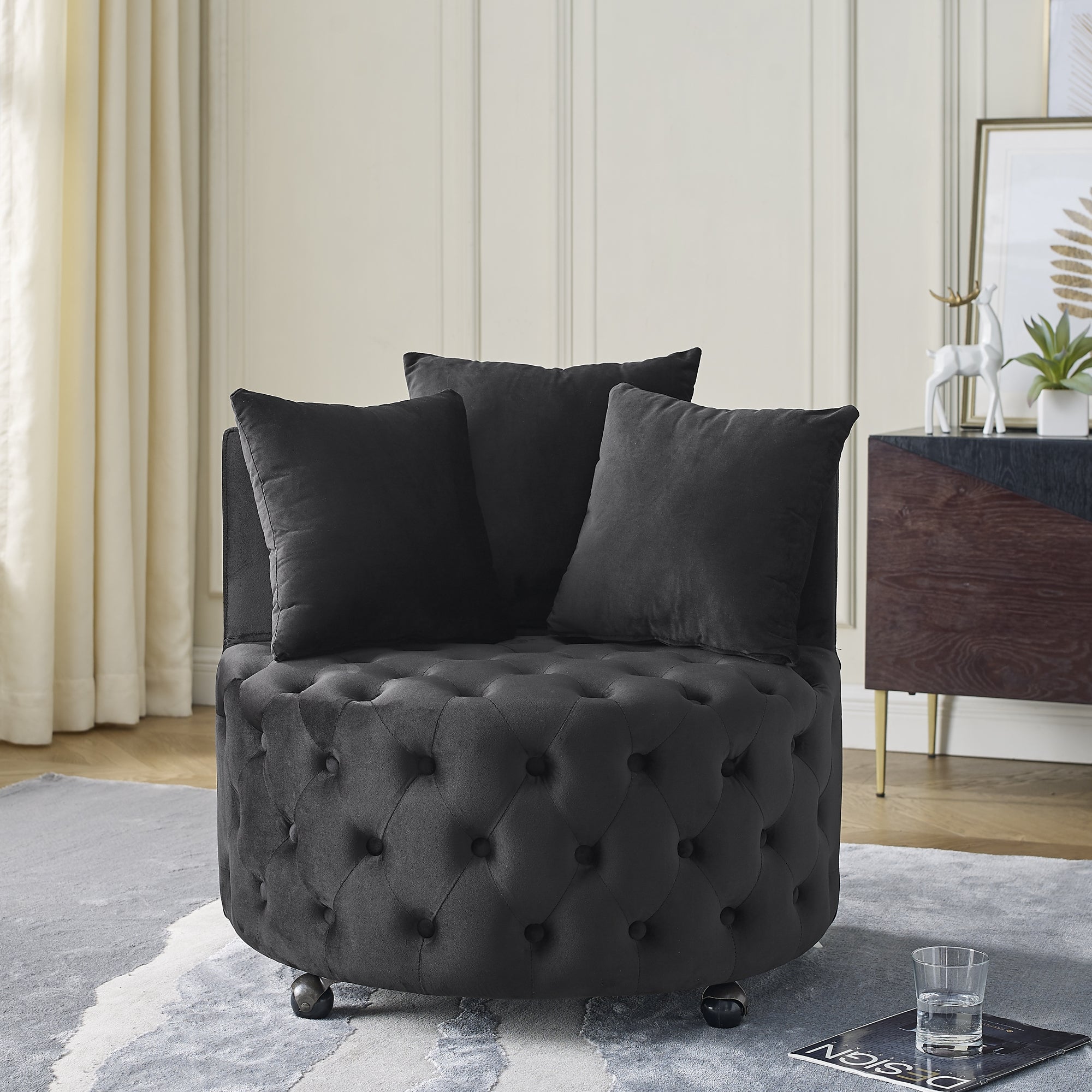 Cecilia Velvet Tufted Seat Swivel Rolling Accent Chair with Pillows