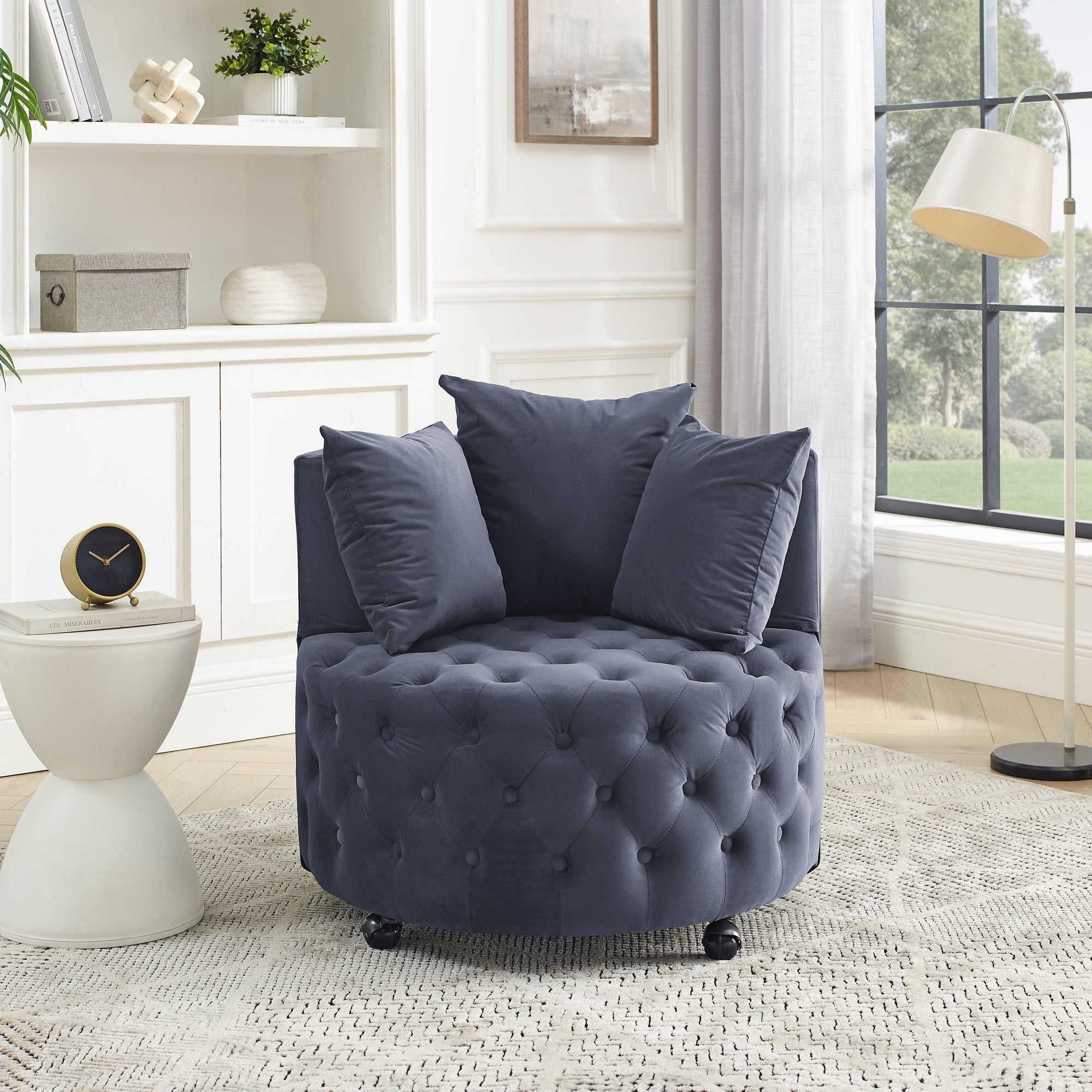 Cecilia Velvet Tufted Seat Swivel Rolling Accent Chair with Pillows