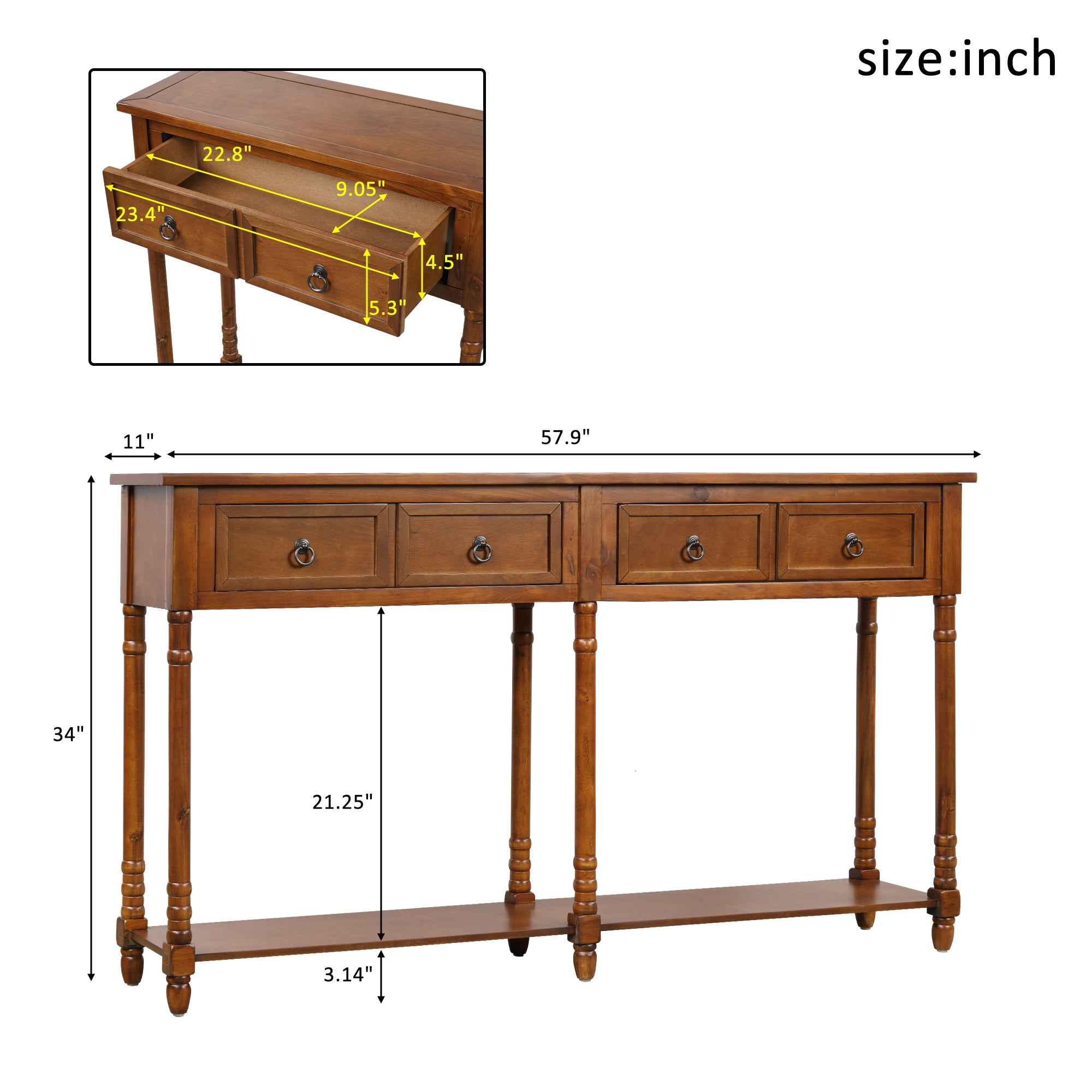 58" Accent Console Sofa Table, Sideboard, Antique Walnut color