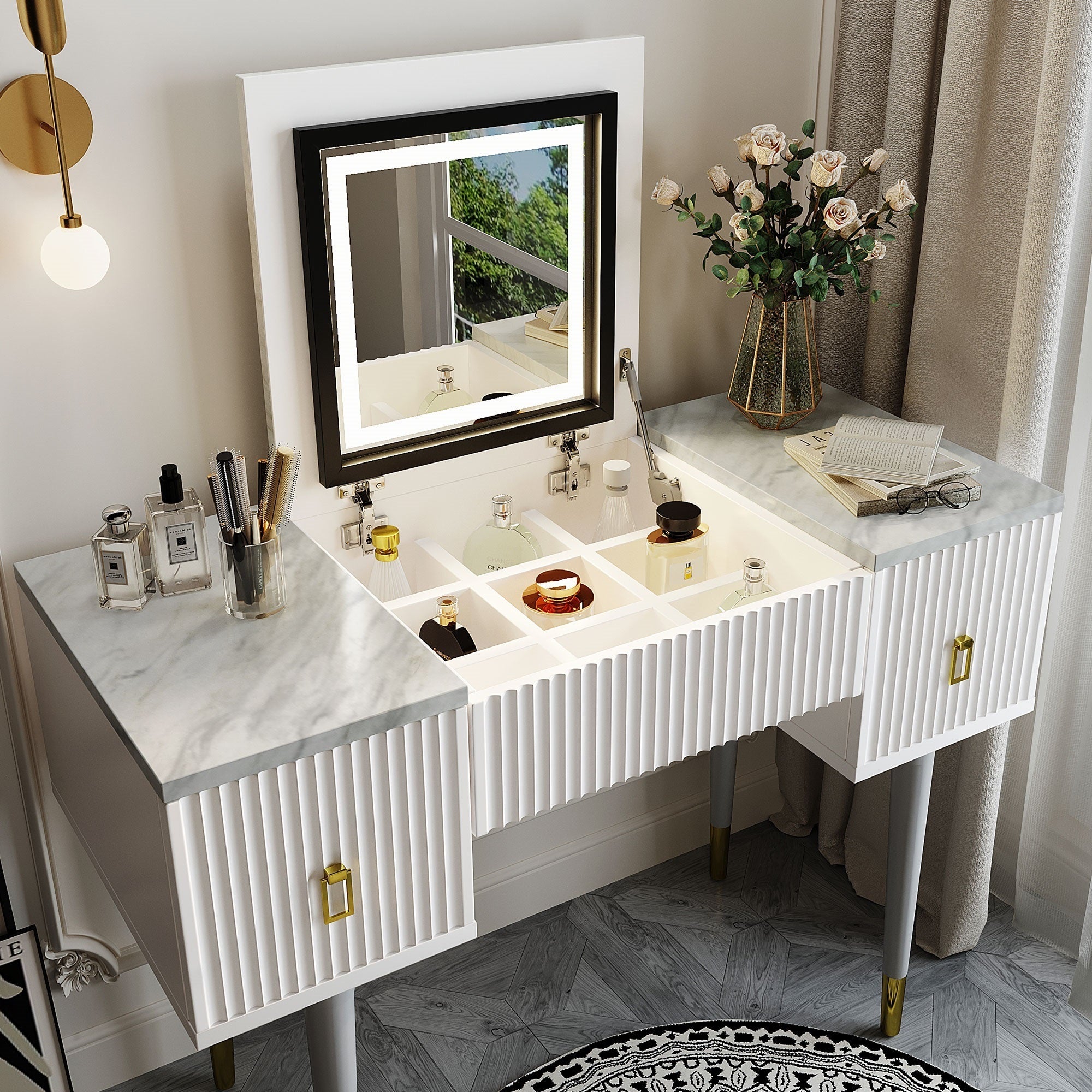 43.3" White Modern Vanity Table Set with Flip-top Mirror and LED Light