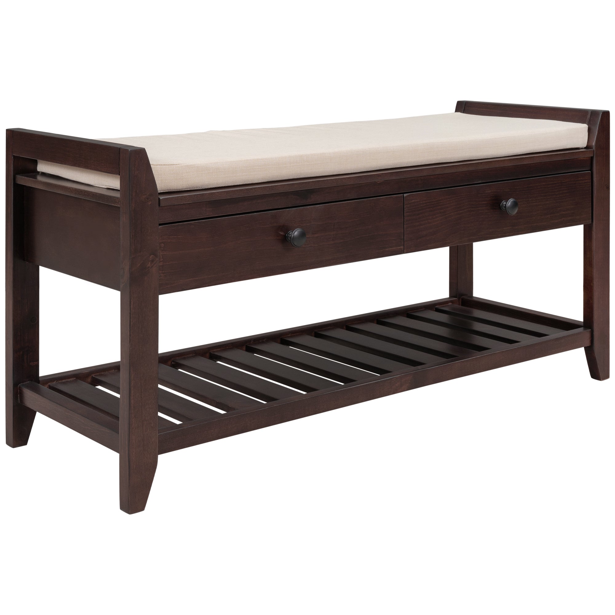 39" Espresso Storage Seating Bench With Drawers and Undershelf