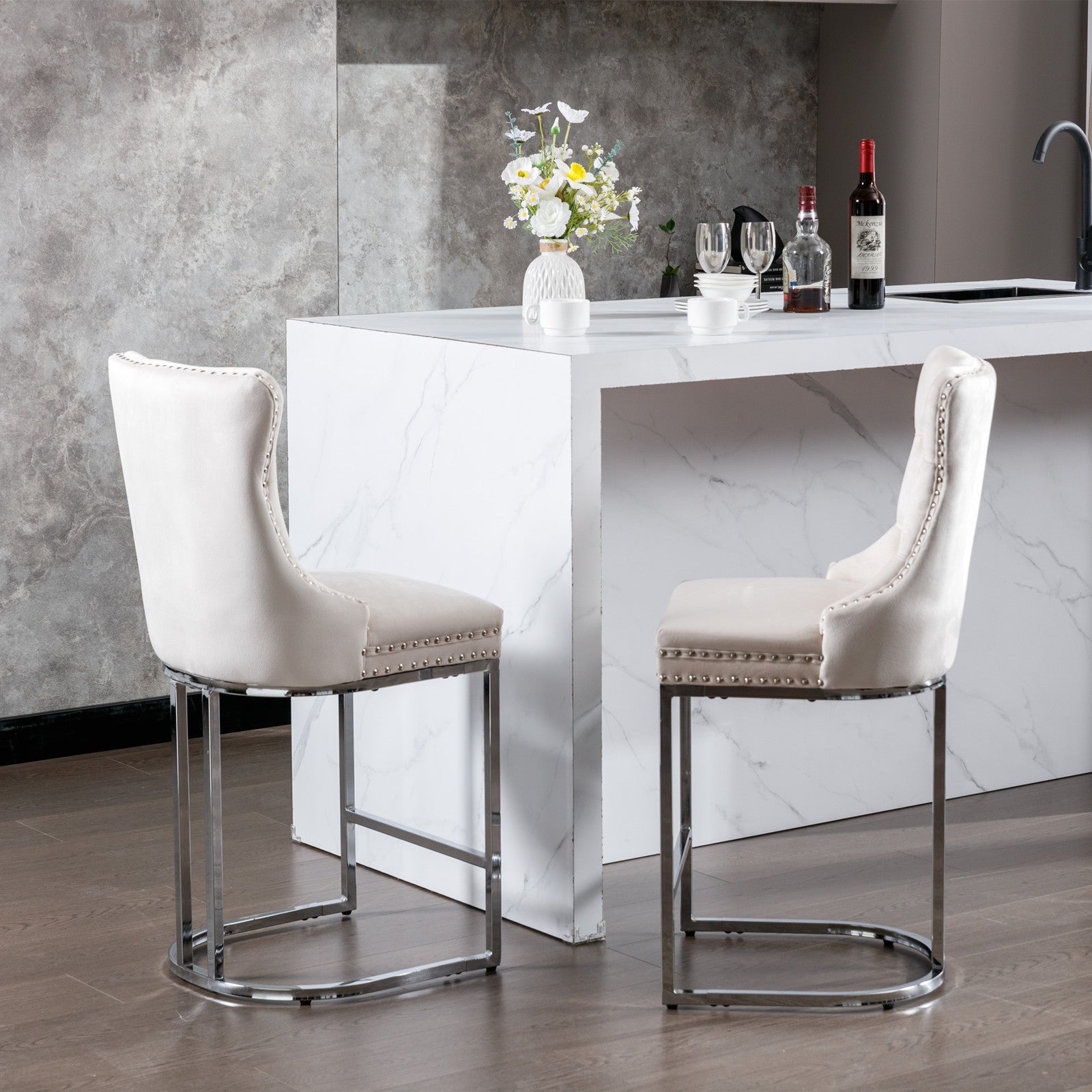 Set of 2 Velvet Modern Counter Stools with Tufted High Back and Chrome Legs