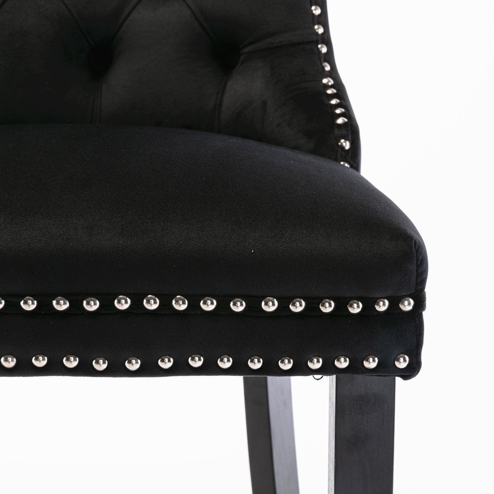 Set of 2 Black Velvet Counter Stools Tufted Back with Nailhead Trim and Ring Pull