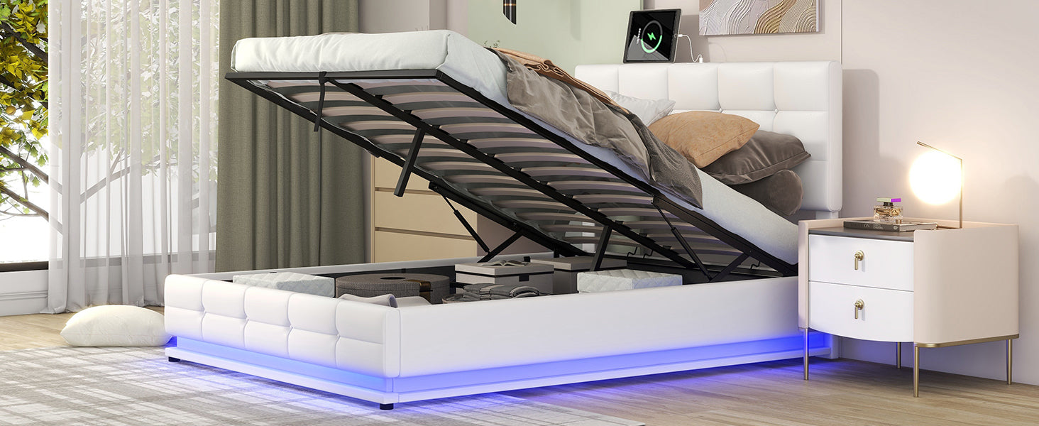 Kosmo Full Size Hydraulic Lift Storage Platform Bed with LED Lights and USB Charger Upholstered with Faux Leather