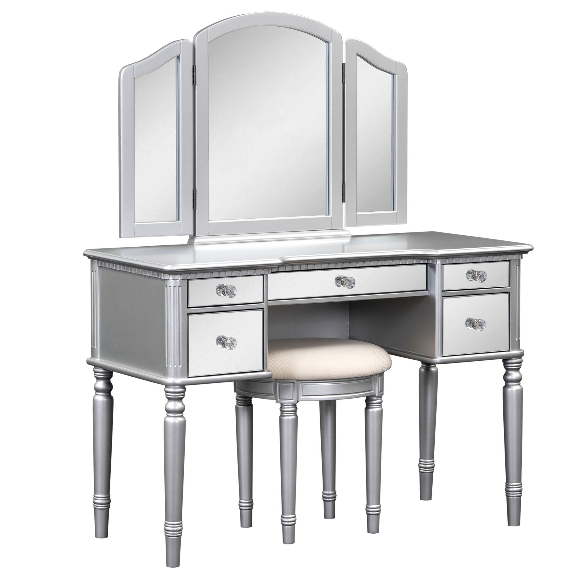 43" Silver Makeup Vanity Dressing Table Set with Mirrored Drawers and Stool