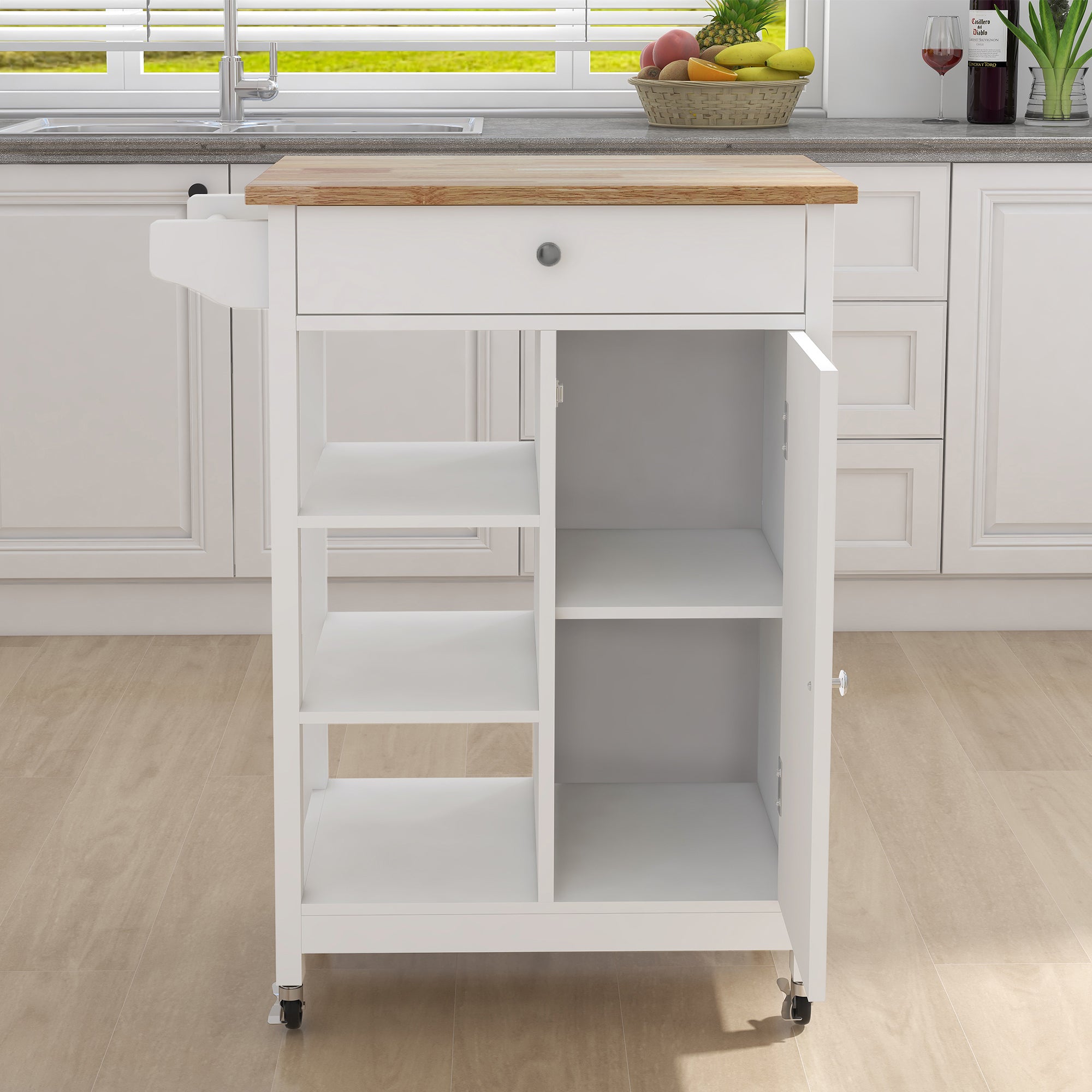Small Space Kitchen Rolling Cart with Towel Rack and Solid Wood Top