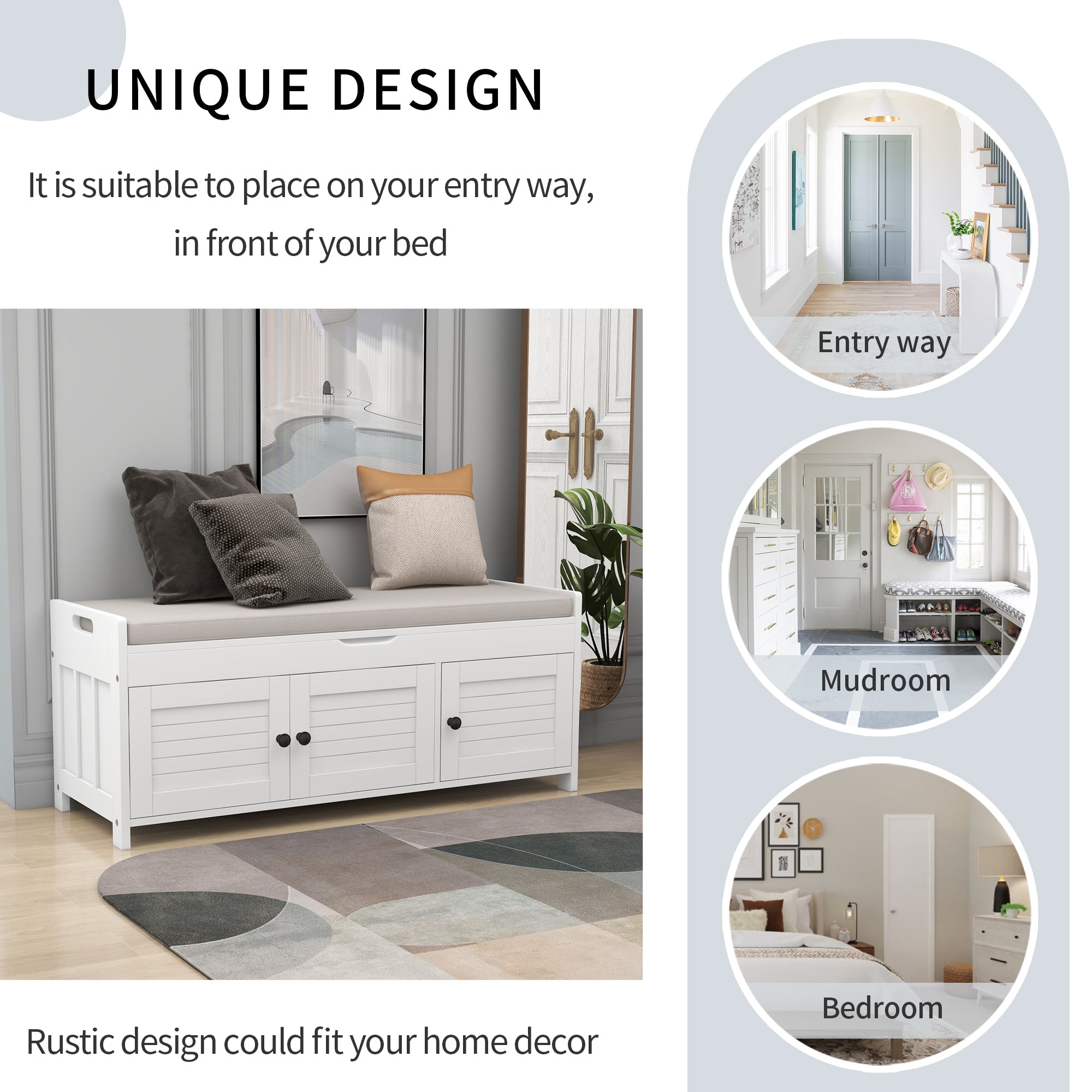 White Entryway Storage Bench with 3 Shutter-shaped Doors and Seat Cushion