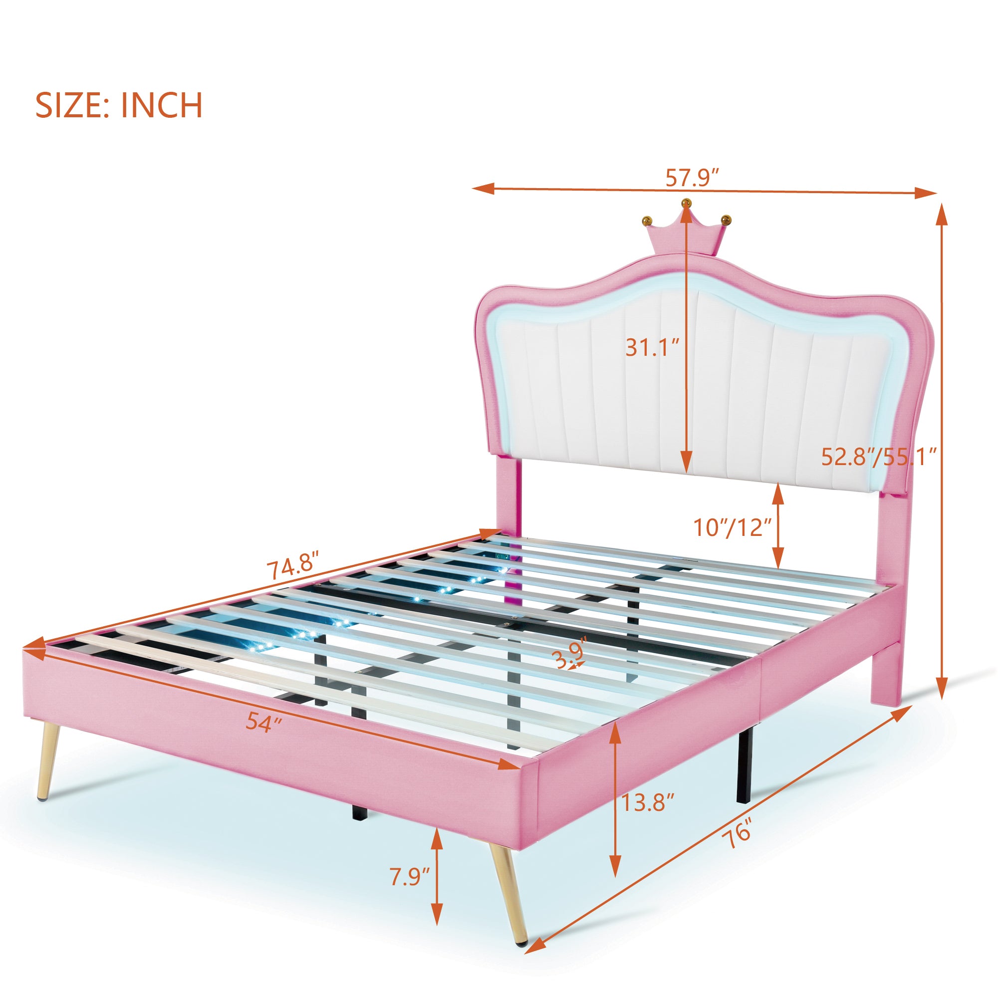 Sofia Pink and White Faux Leather Full Size Platform Bed with Crown and LED Light
