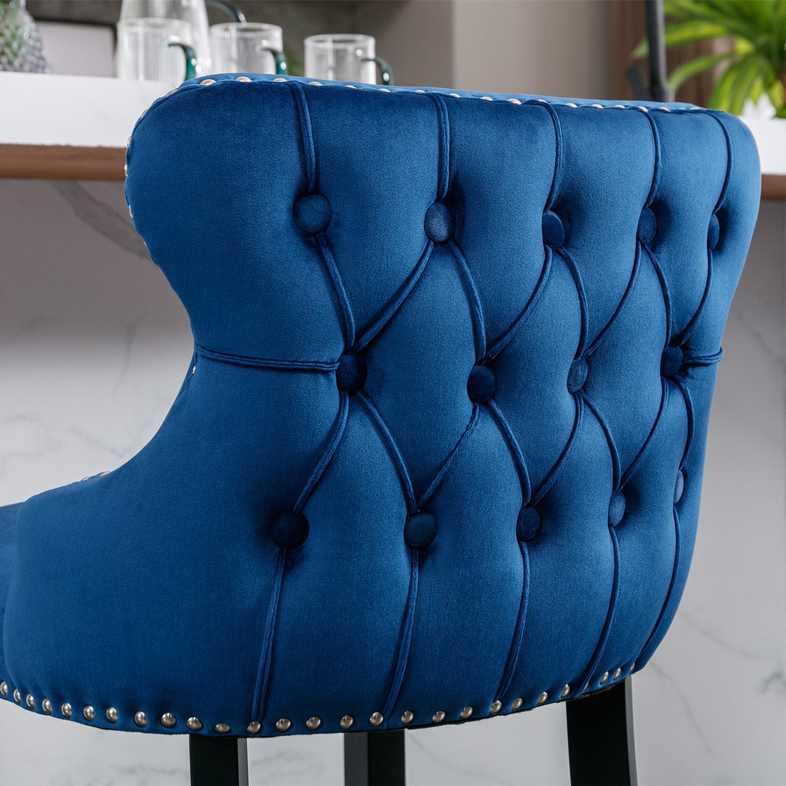 Set of 2 Blue Velvet Counter Stools With Tufted Back and Nailhead Trim