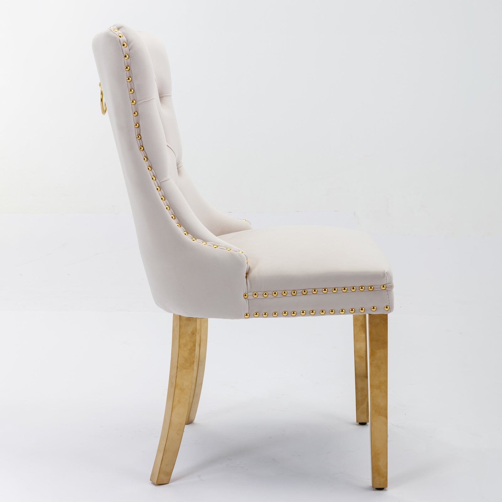Set of 2 Paris Beige Velvet Tufted Dining Chair With Gold Naihead Trim and Metal Legs