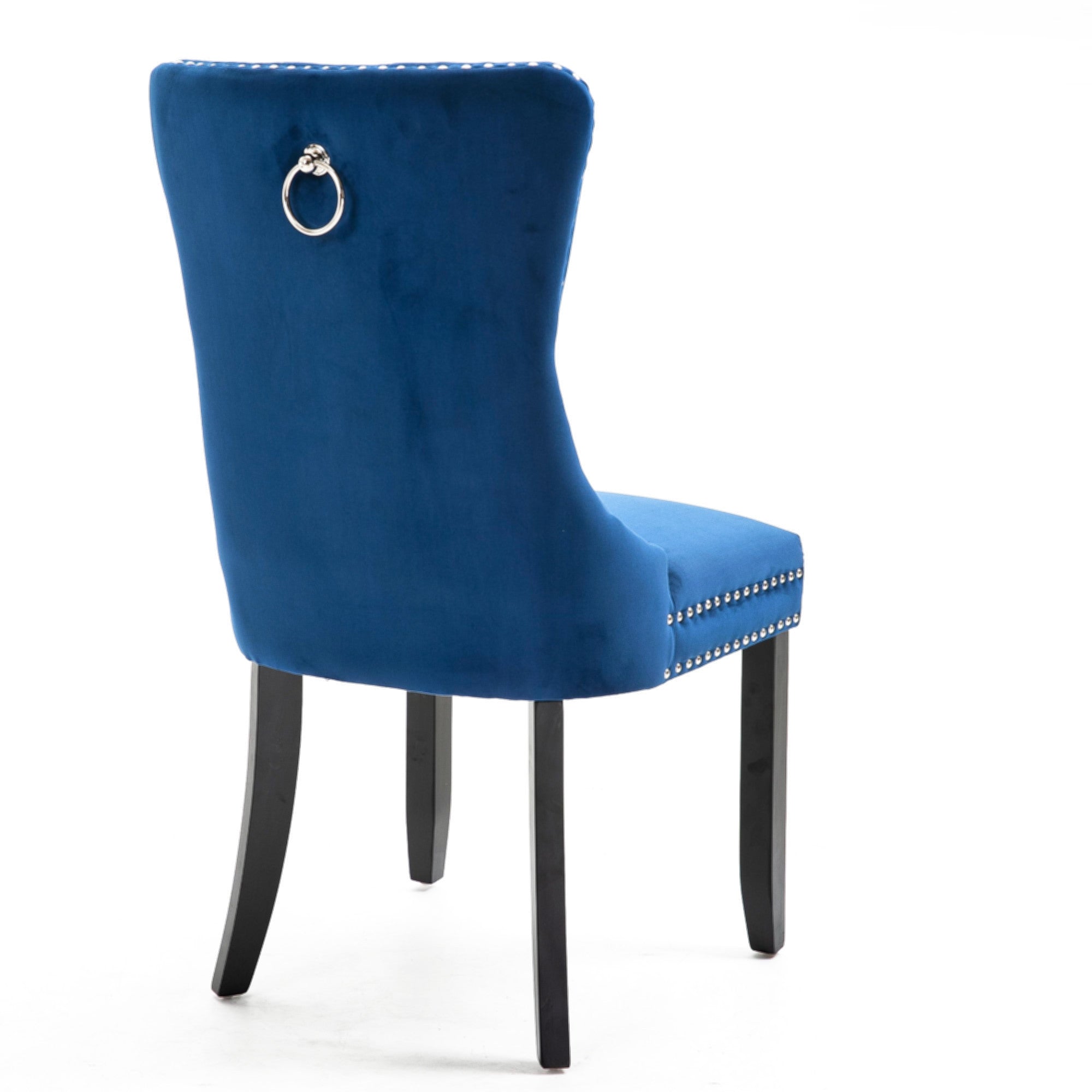 Set of 2 Luxury Blue Velvet Dining Chairs with Pull Ring and solid wood Legs