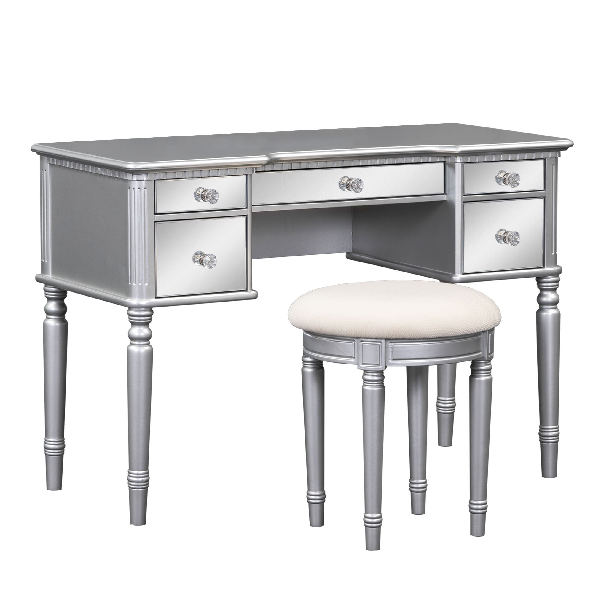 43" Silver Makeup Vanity Dressing Table Set with Mirrored Drawers and Stool
