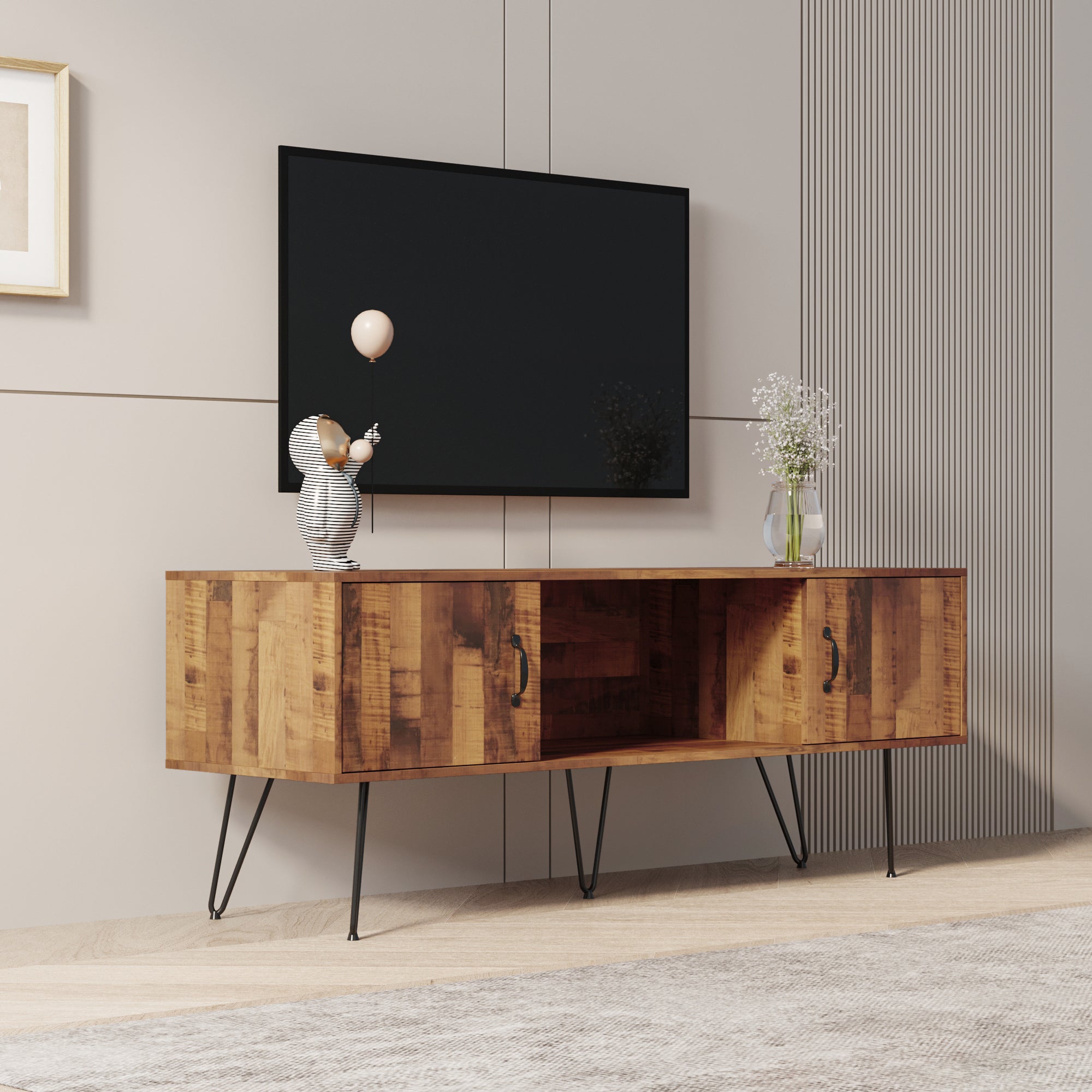 59" Rustic Brown TV Stand with Black Metal Legs, for TV up to 65"