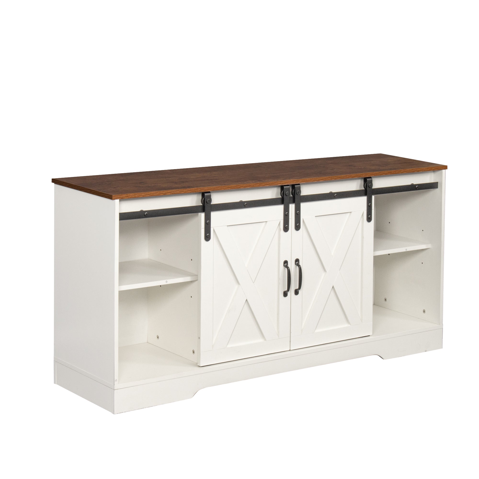 59" White Farmhouse TV Stand with Sliding Barn Door accommodate TVs up to 65"