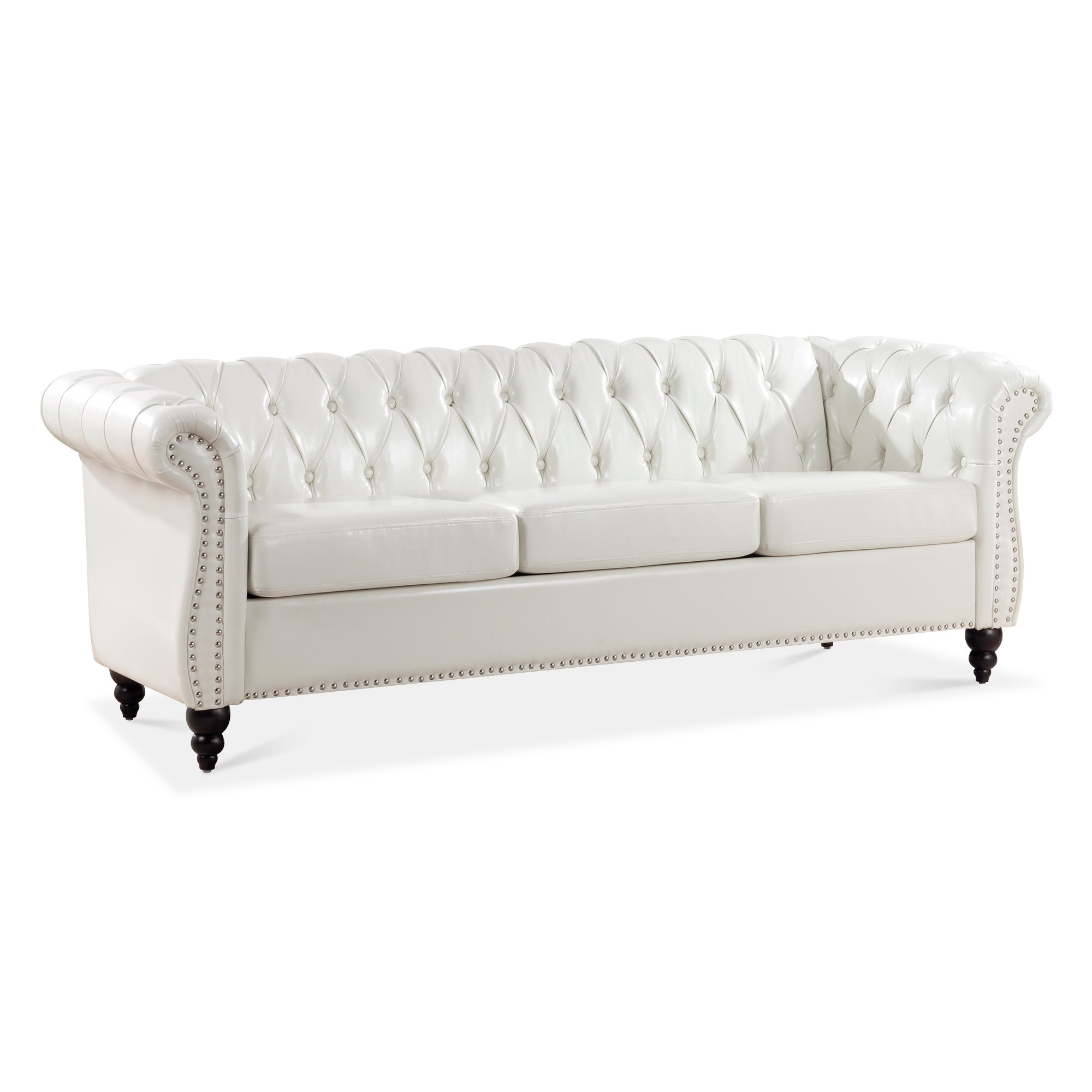 84" White Faux Leather Chesterfield Sofa With Nailhead Trim
