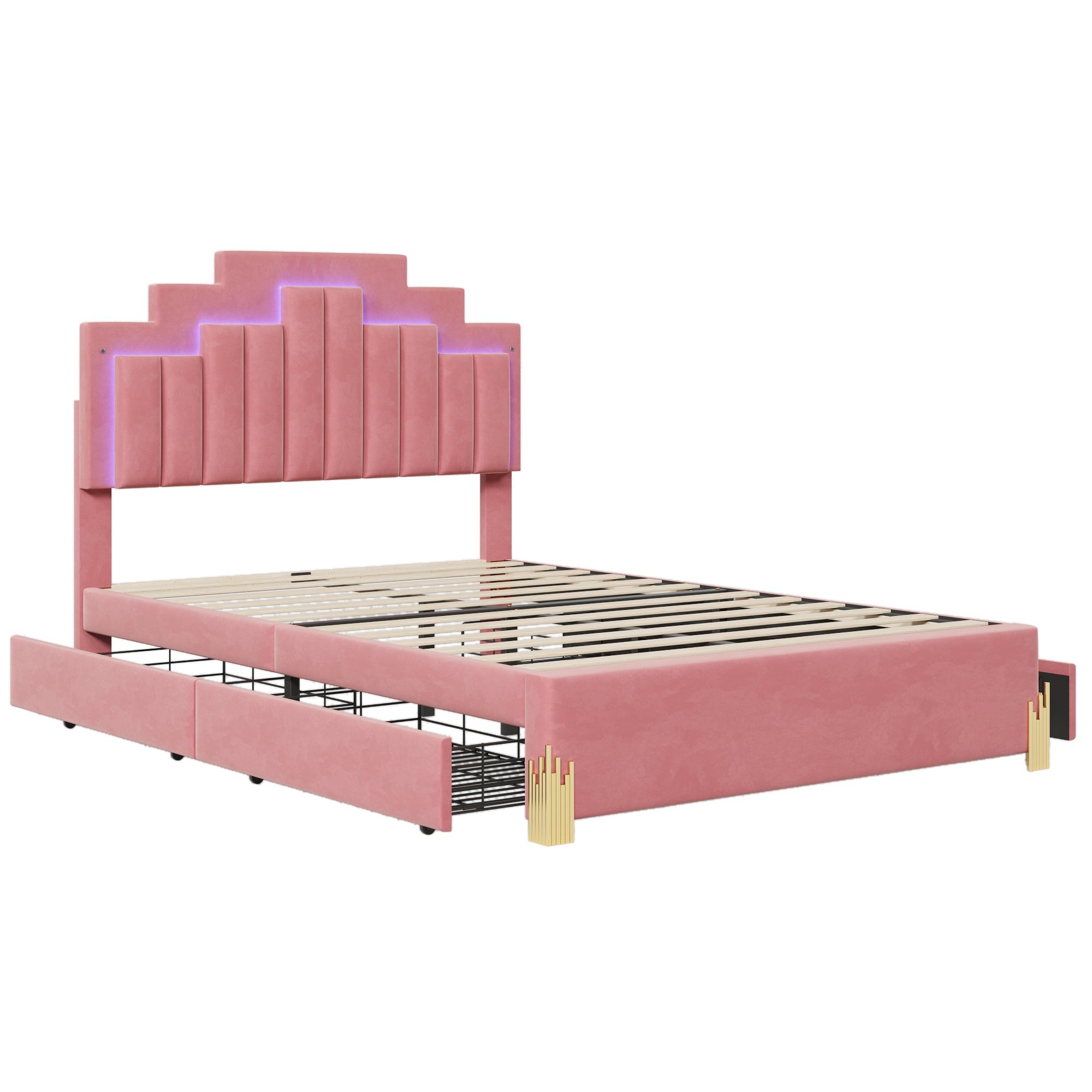 Vivian Pink Velvet Full Size Platform Bed with LED Light and 4 Drawers