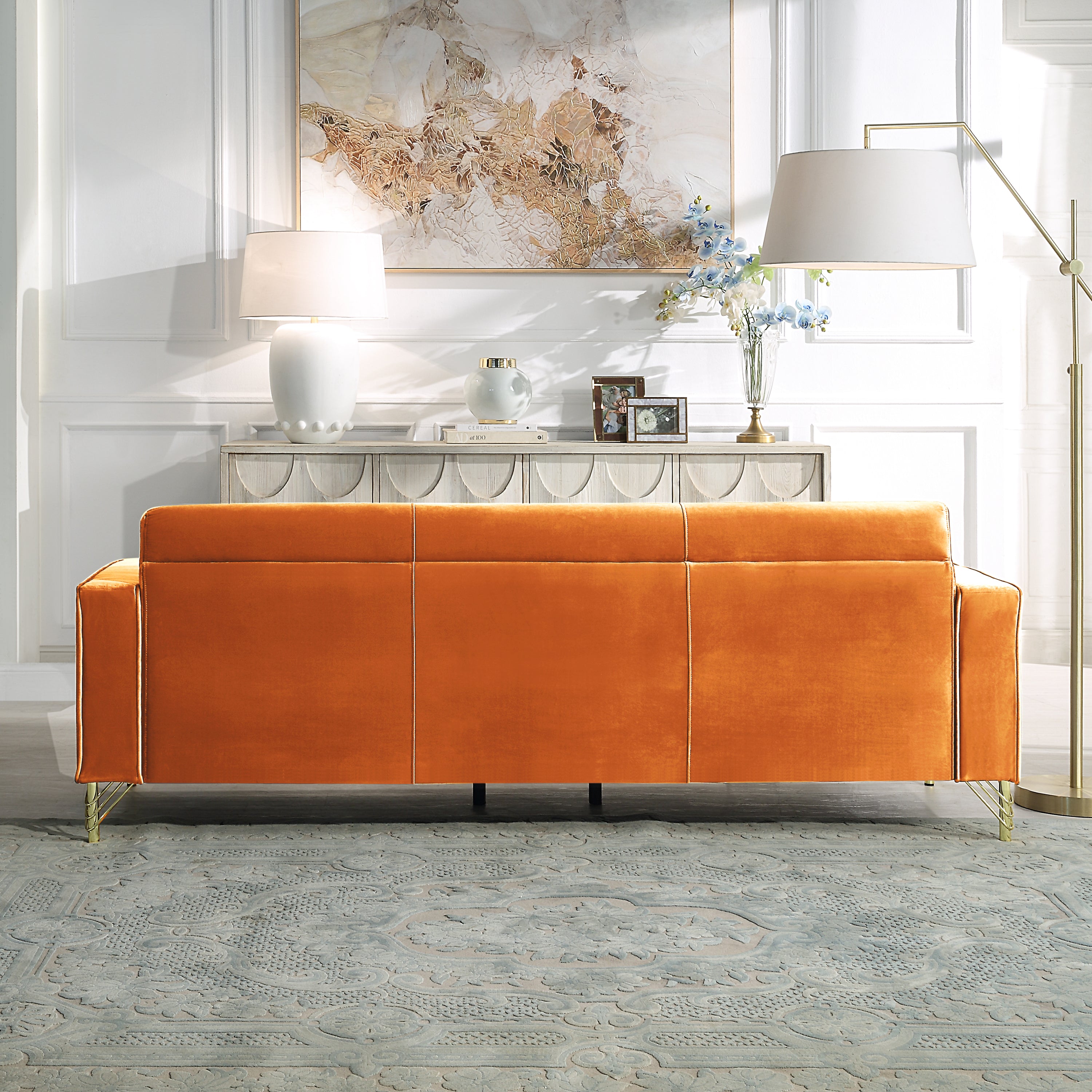 86" Modern Orange Velvet Three Seater Sofa