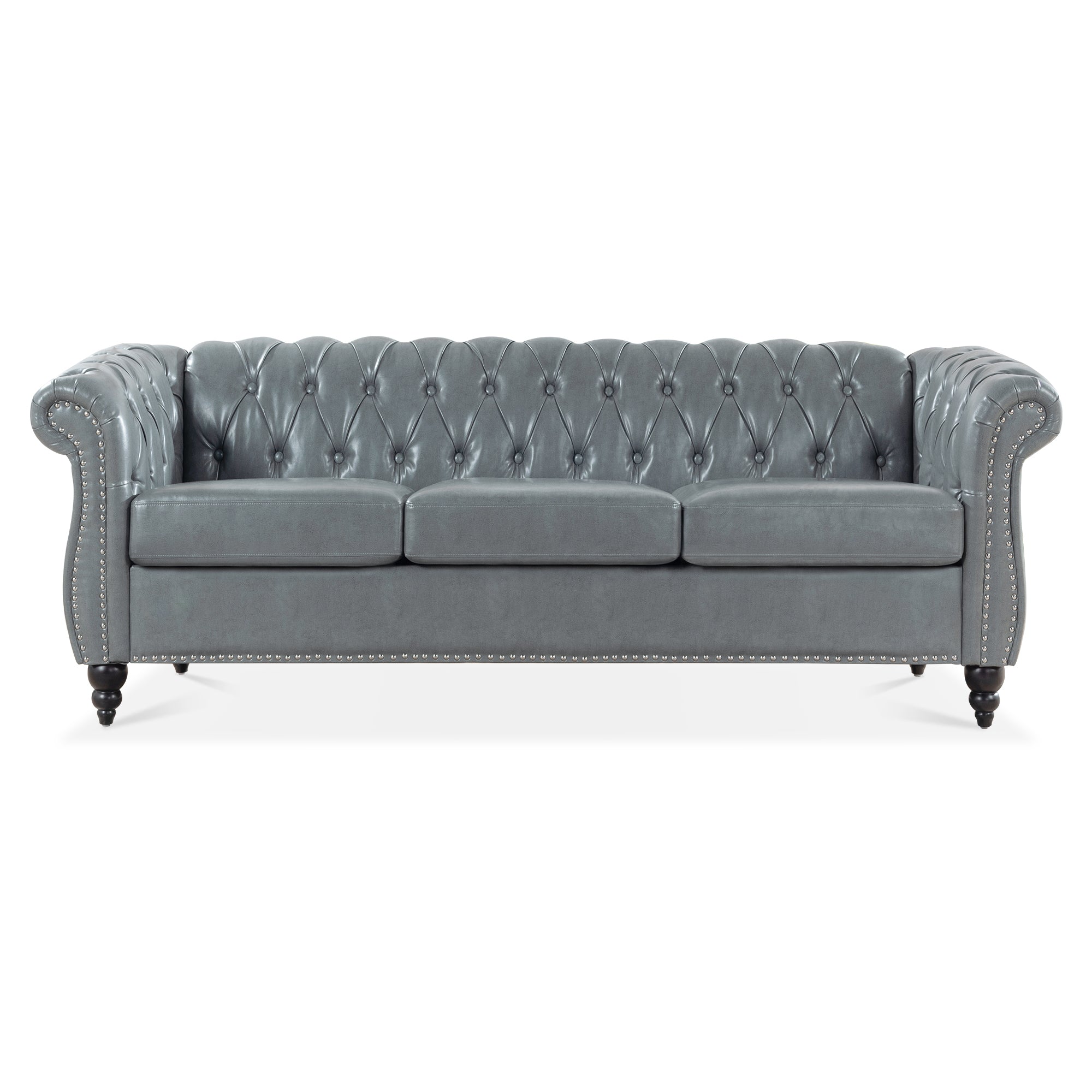 84" Gray Faux Leather Chesterfield Sofa With Nailhead Trim